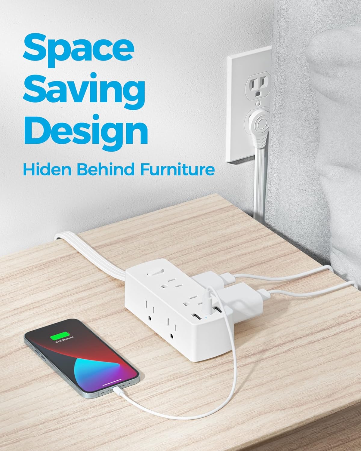 Power Strip Surge Protector, Olcorife Ultra Thin Flat TLug Extension Cord 5ft, 6 Outlets 3 USB Ports(1 USB C), 3 Sided Outlet Extender for Home Office Travel Dorm Room Essentials, White