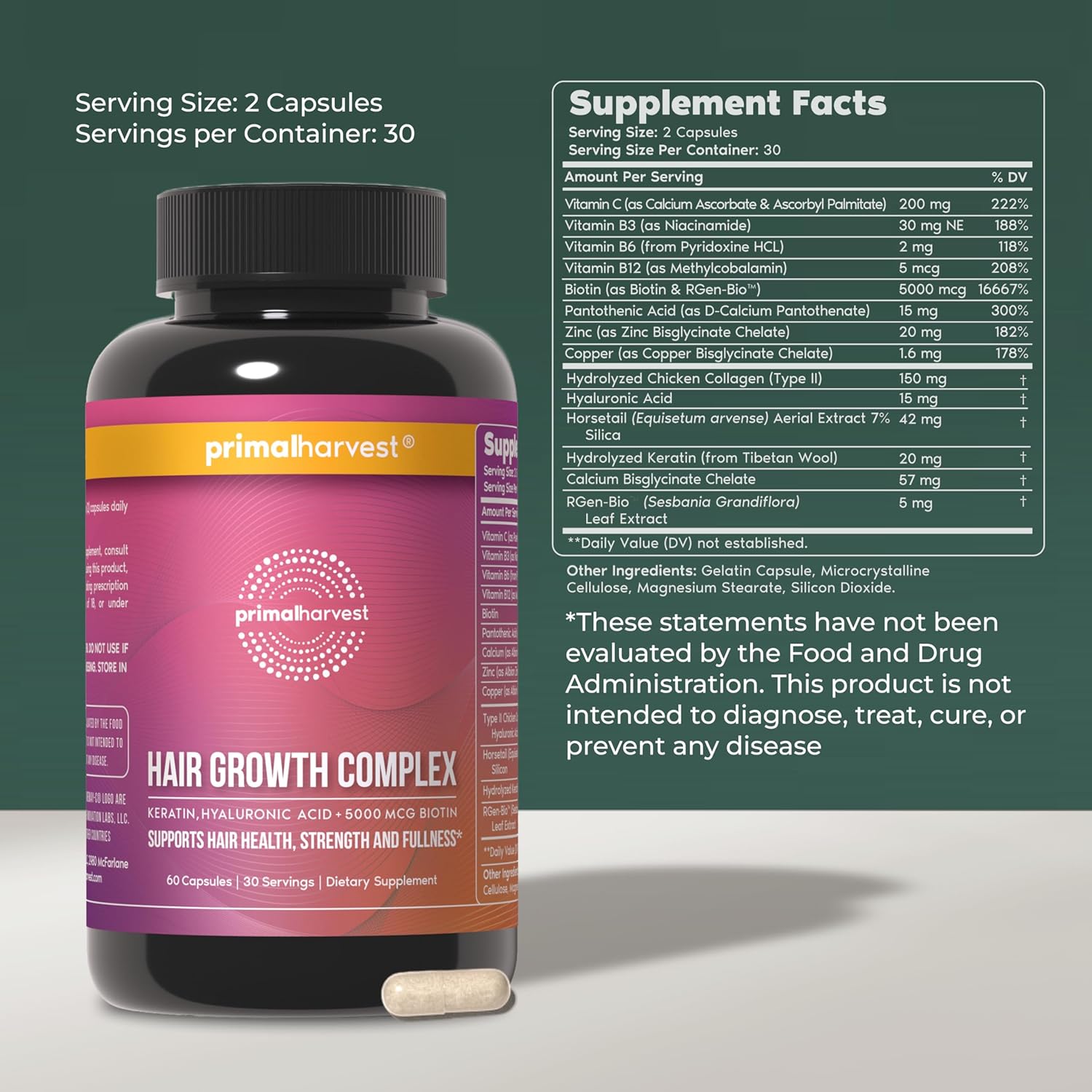 Primal Harvest Hair Growth Vitamins, Hair Growth for Women & Men - 60 Hair Growth Pills, Natural Hair Thickening Products for w/Biotin & Zinc - Hair SupTLement, Regrowth Hair Vitamins