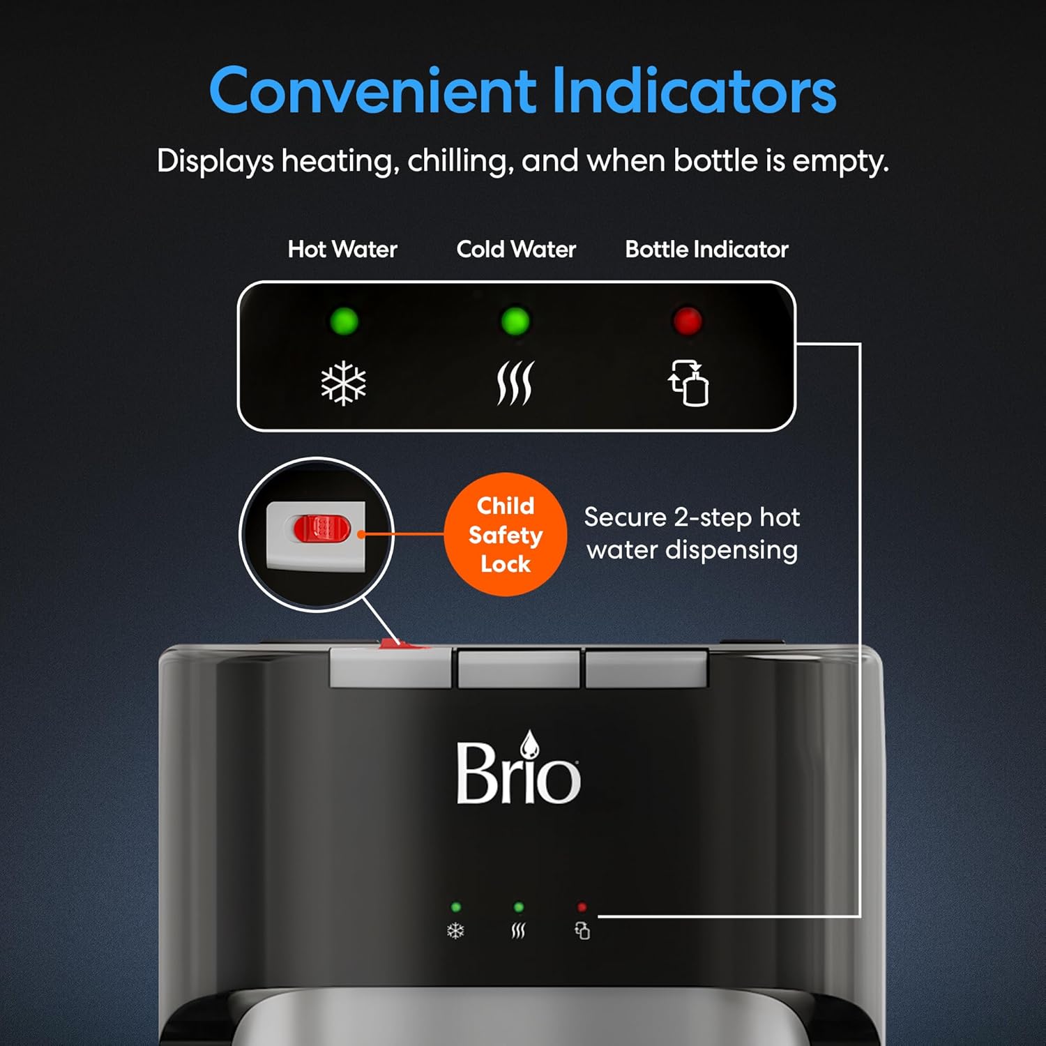 Brio Bottom Loading Water Cooler Dispenser for 5 Gallon Bottles - 3 Temperatures with Hot, Room & Cold Spouts, Child Safety Lock, LED DisTLay with Empty Bottle Alert, Stainless Steel