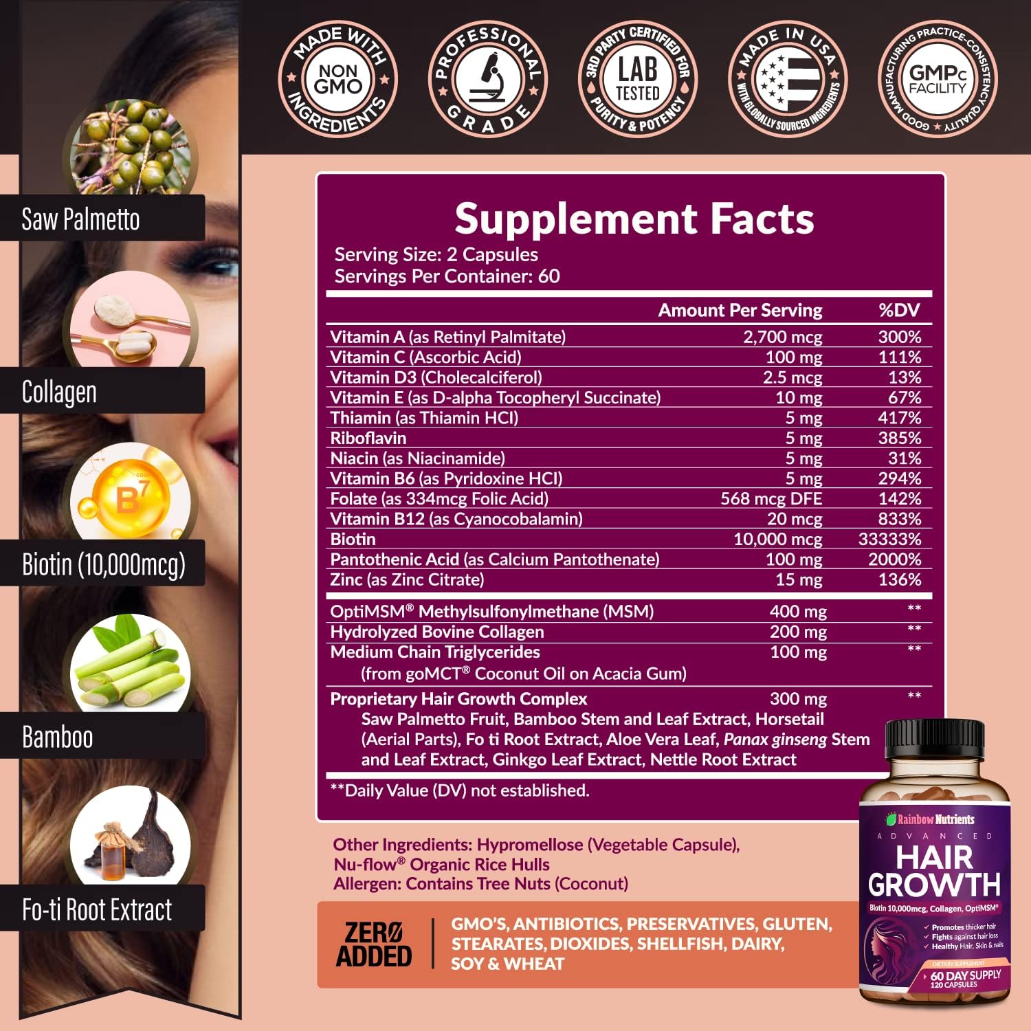 Hair Growth Vitamins for Women | Biotin 10,000mcg, Collagen, Patented OptiMSM®, goMCT®, Saw Palmetto | Naturally Regrow Stronger & Healthier Hair, Skin and Nails | Stops Hair Loss | 60 Day SupTLy