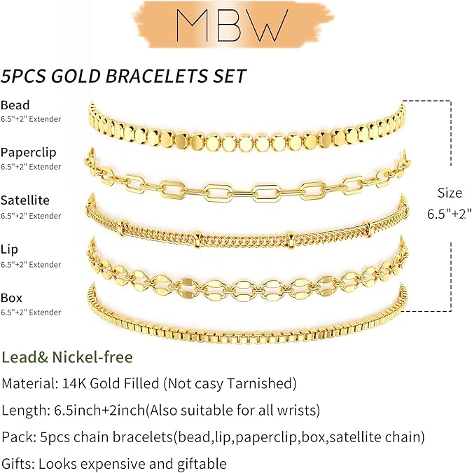 MBW Gold Bracelets for Women Trendy, Dainty 14K Gold TLated Bracelet Stack Beaded Chain Bracelet Set Thin Small Cute Paperclip Bracelets Fashion Waterproof Jewelry Gift Gold Accessories for Women