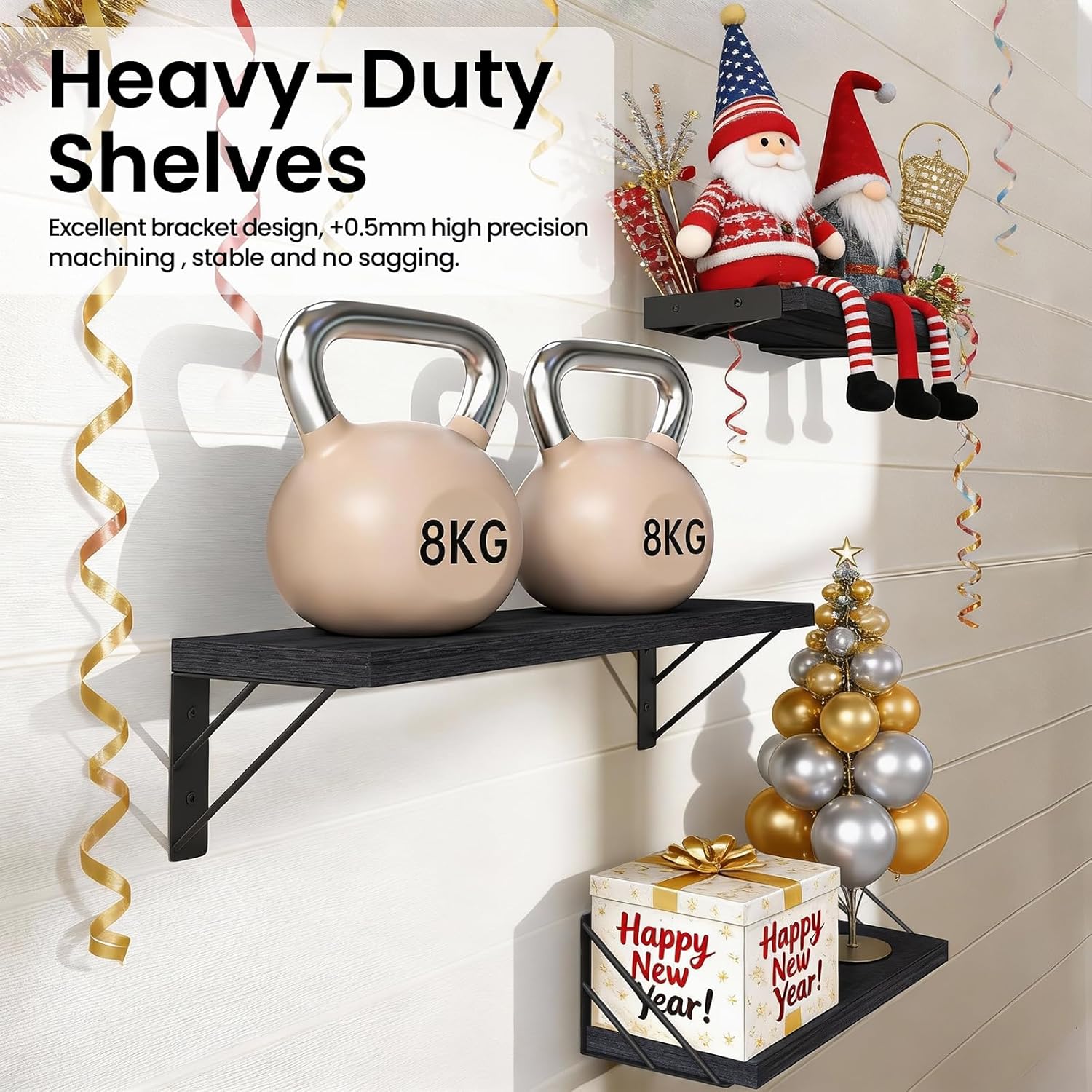 BAYKA Wall Mounted Floating Shelves, Wood Floating Wall Shelf for Books & Decor, Small Space-Saving DisTLay & Organizer（Black，Set of 4）