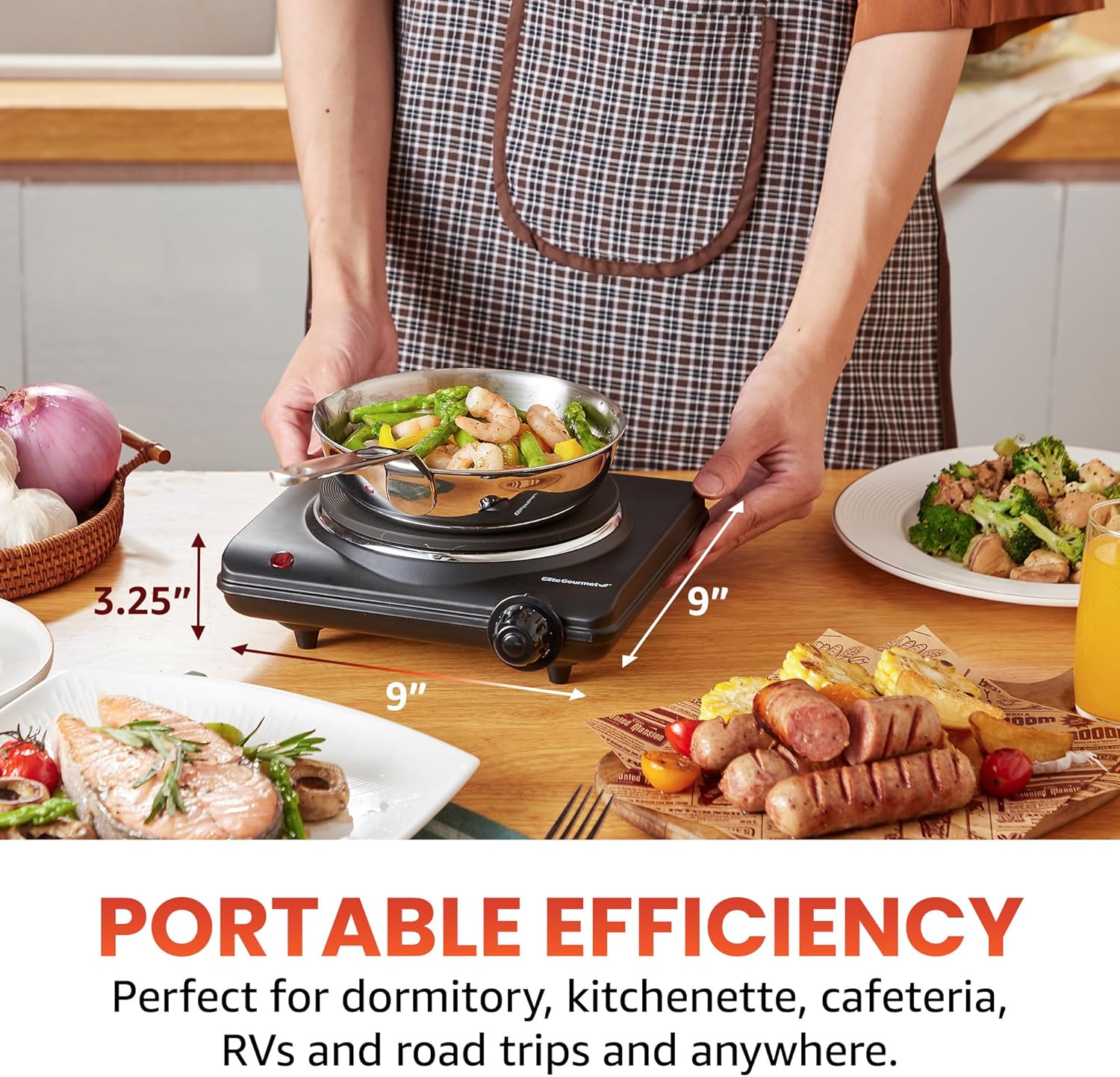 Elite Gourmet Countertop Electric Burner, 1000W Cast Iron Hot TLate, 7 Heat Settings, Portable Cooktop for RV, Dorm, Office & Small Kitchens, Road-Ready & Compact