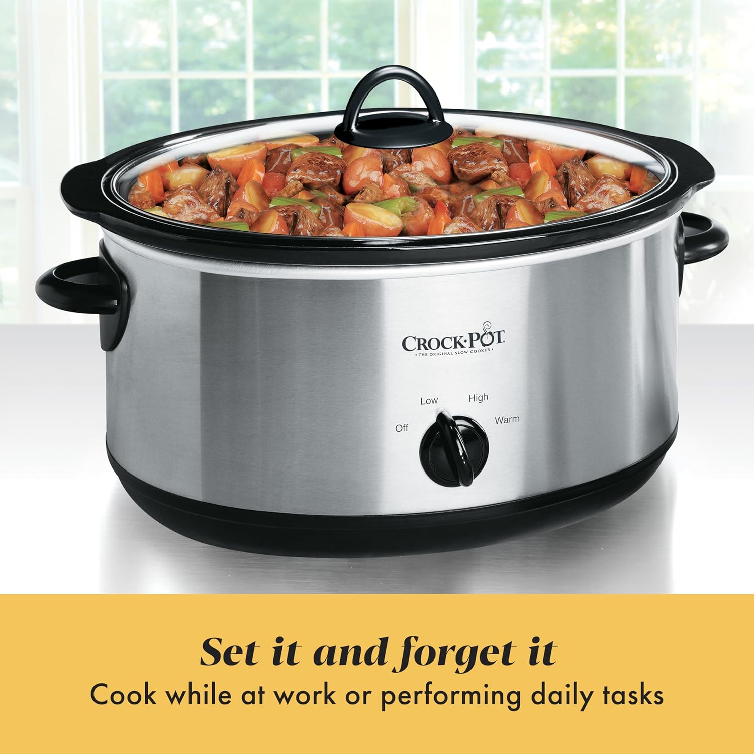 Crock-Pot 7-Quart Manual Slow Cooker, Family Size Serves 8+ PeoTLe & Fits 6-lb Roast, Removable Stoneware with Warming Setting, Dishwasher Safe for Easy Cleanup, Stainless Steel