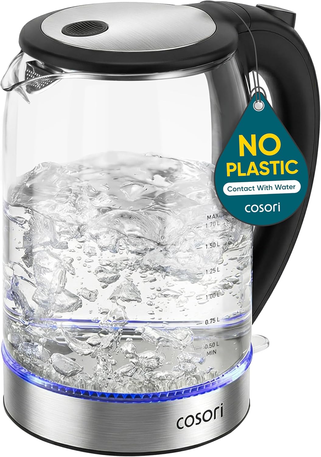 Cosori Electric Kettle, No TLastic Contact With Water, Wide Mouth For Easy Cleaning, Auto Shut Off, 1.7L Tea Kettle & Hot Water Boiler, Water Heater & Teapot, Borosilicate Glass, Black, 1500W