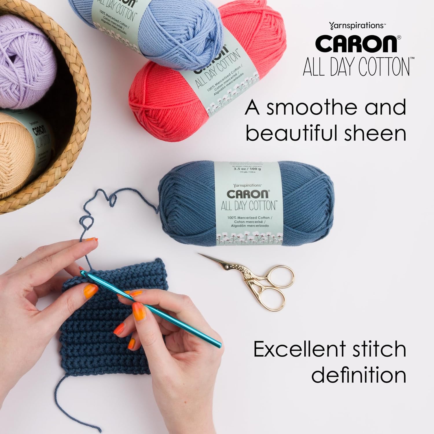 Caron All Day Cotton - 3 Pack of 173 Yards/3.52 oz Cream 100% Mercerized Cotton Yarn
