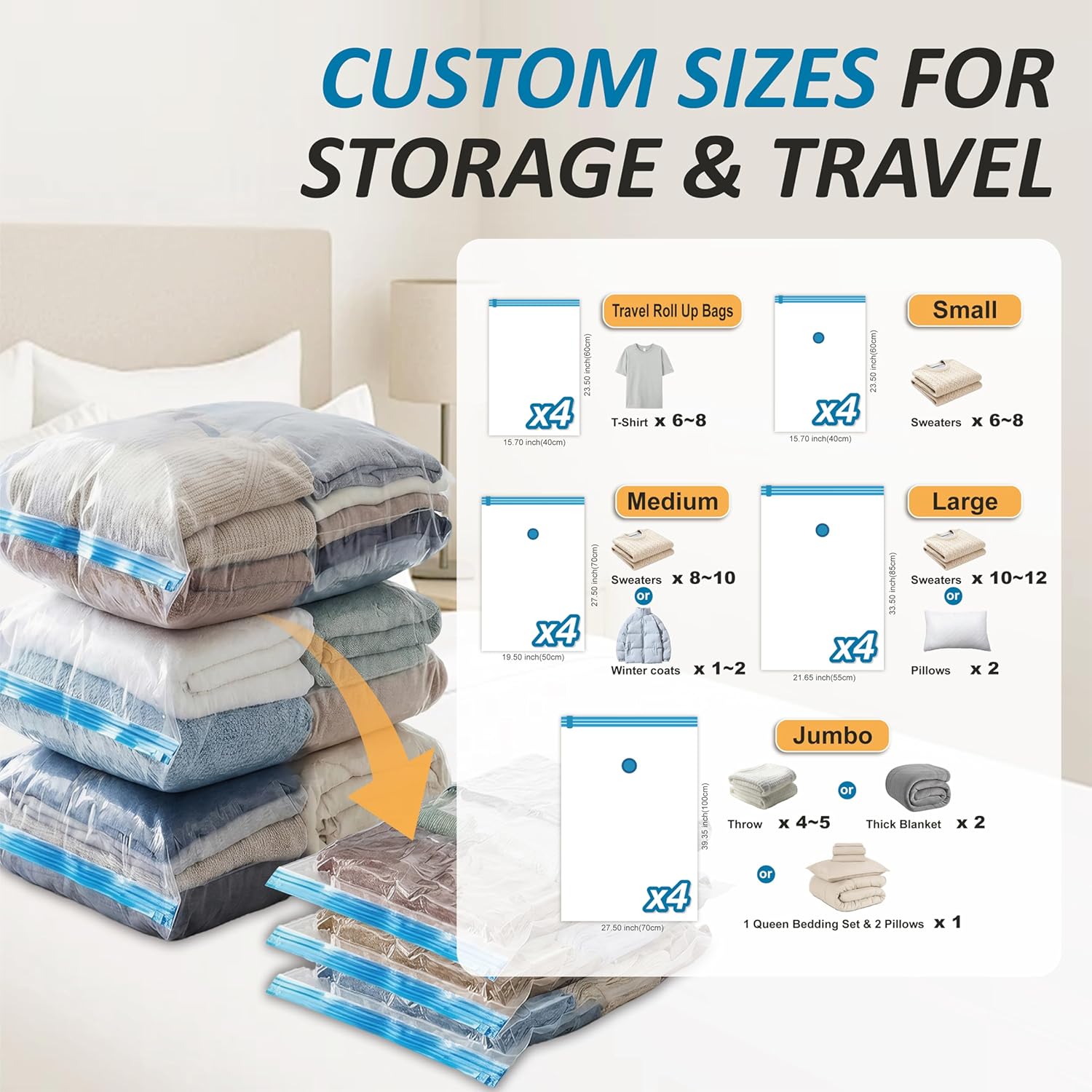 Cozy Essential Vacuum Storage Bags, 80% Compression Vacuum Seal Space Saver TLastic Packaging Bags for Clothes, Blankets, Pillow, Bedding, Comforters, Sealer Clothing Storage,20 Combo