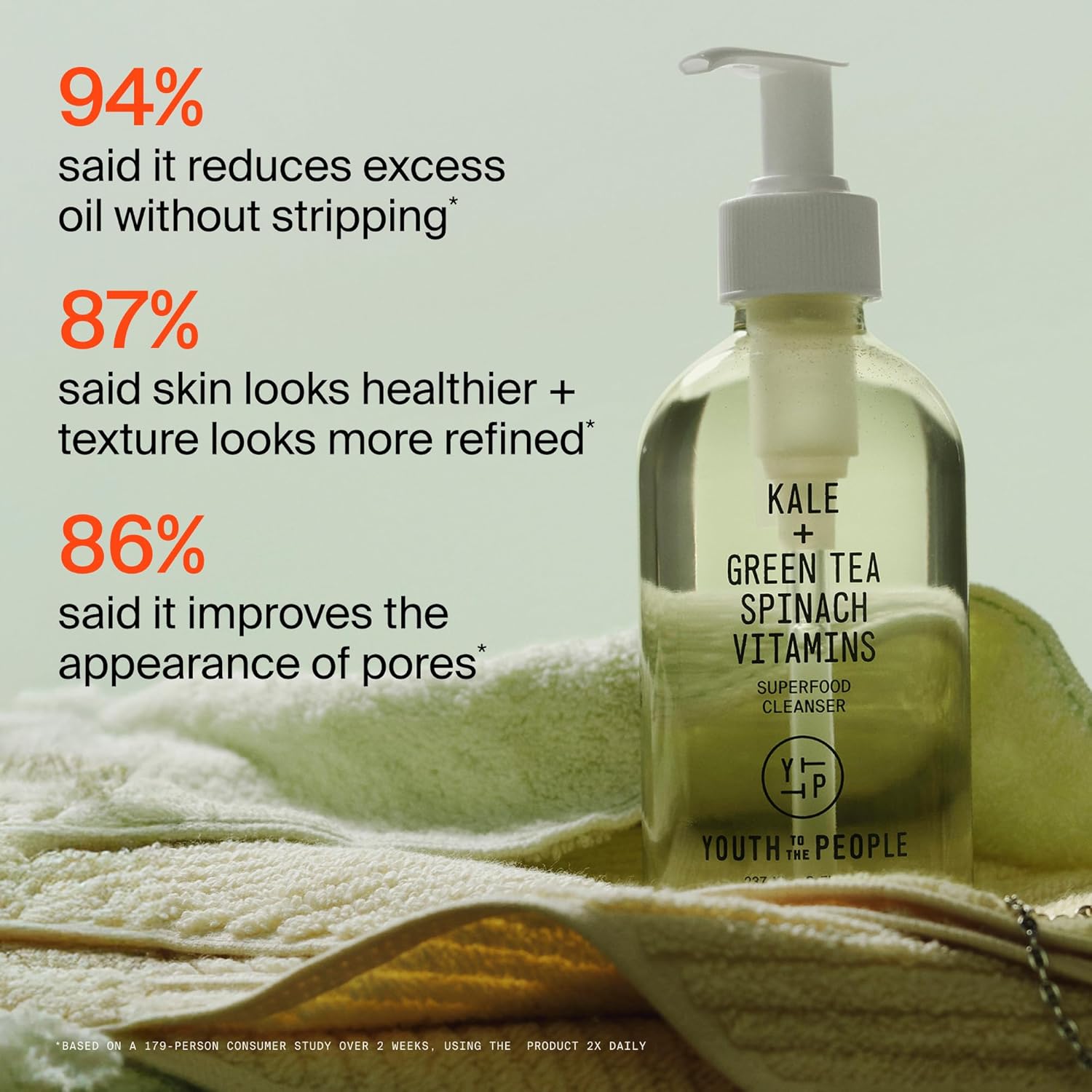 Youth To The PeoTLe Superfood Facial Cleanser - Kale + Green Tea Daily Face Wash, Gently Removes Makeup, SPF, and Oils, Soothing Antioxidants for Glowing Skin, pH Balance, Clean Pores, Refillable