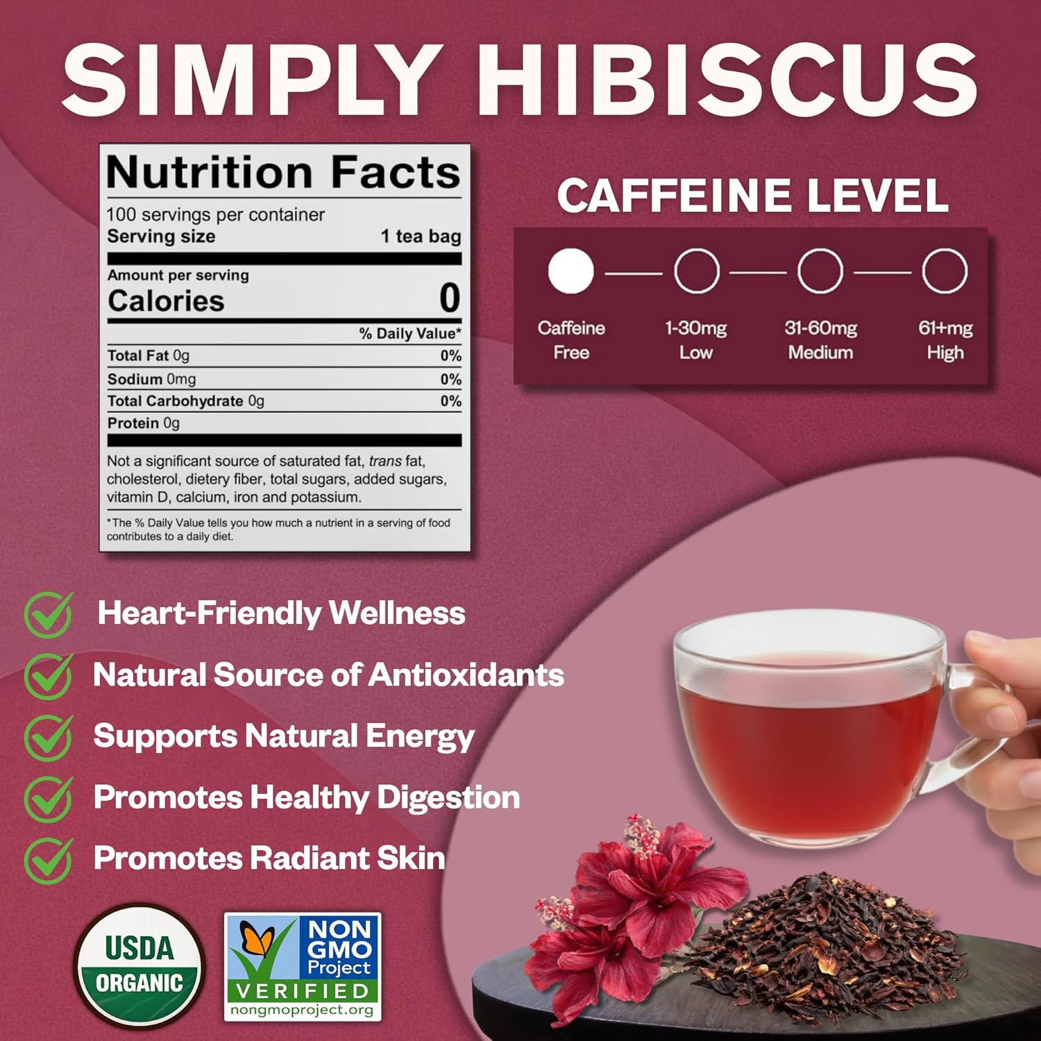 FGO Organic Hibiscus Tea, 100 Count, Eco-Conscious Tea Bags, Caffeine Free, Packaging May Vary (Pack of 1)
