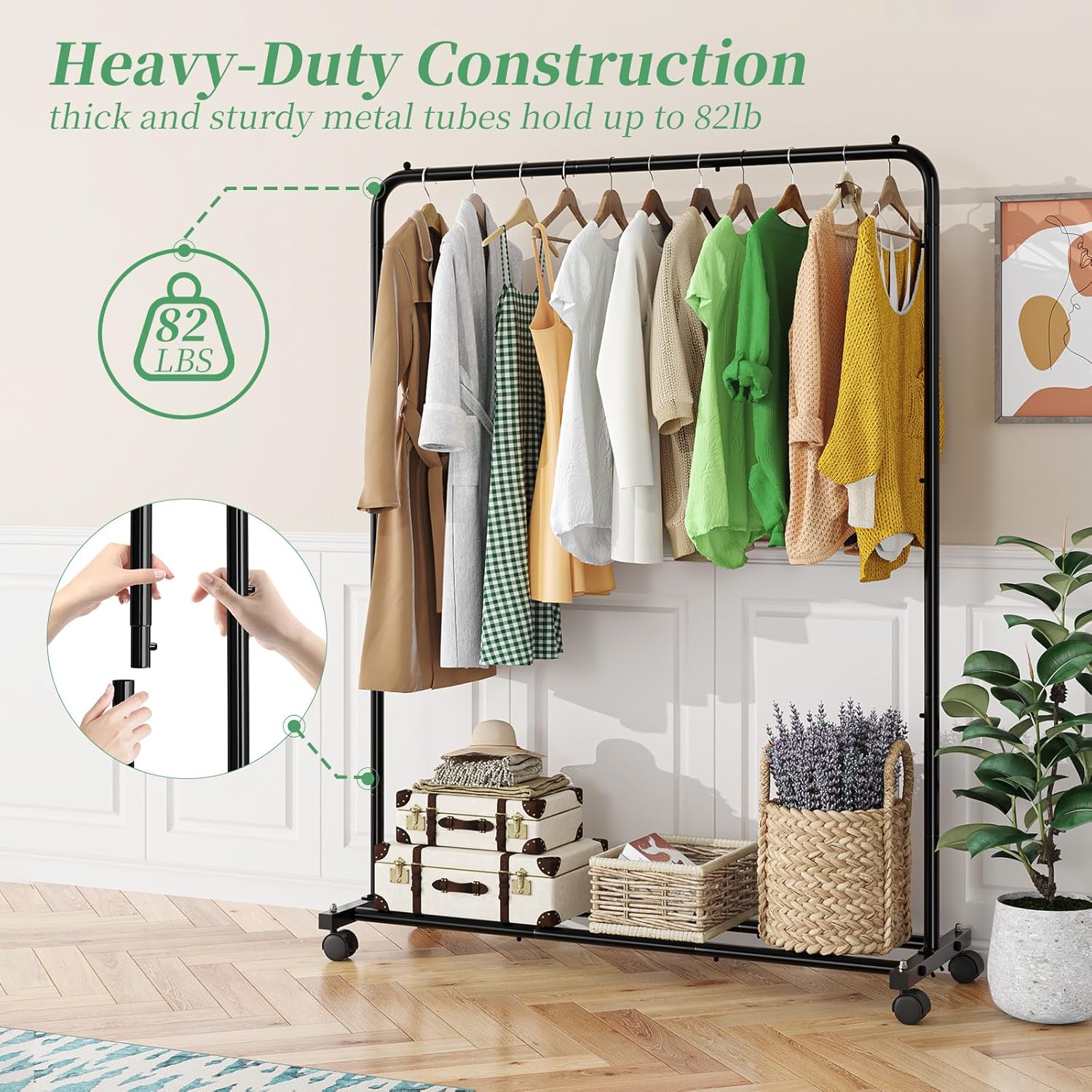 SimTLe Trending Clothing Rack for Hanging clothes, Portable Garment Rack with Bottom Shelf, Metal Clothes Rack on Wheels for Bedroom, Laundry Room, Black