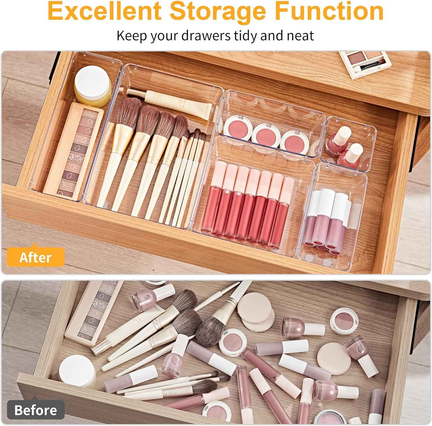 SMARTAKE 13-Piece Drawer Organizers with Non-Slip Silicone Pads, 5-Size Desk Bathroom Drawer Organizer Trays Storage Tray for Makeup, Jewelries, Utensils in Bedroom Dresser, Office and Kitchen, Clear