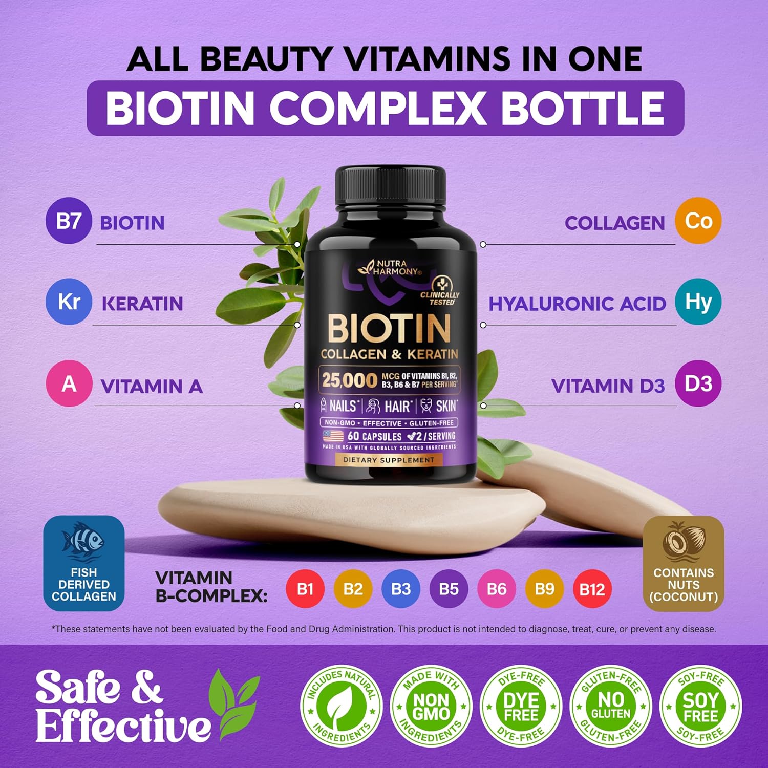 NUTRAHARMONY Biotin | Collagen | Hyaluronic Acid | Keratin - Support Normal Hair Growth Cycle - Skin & Nails - 25000mcg Vitamins B1, B2, B3, B6 & B7 - for Women & Men - Made in USA | 60 Capsules