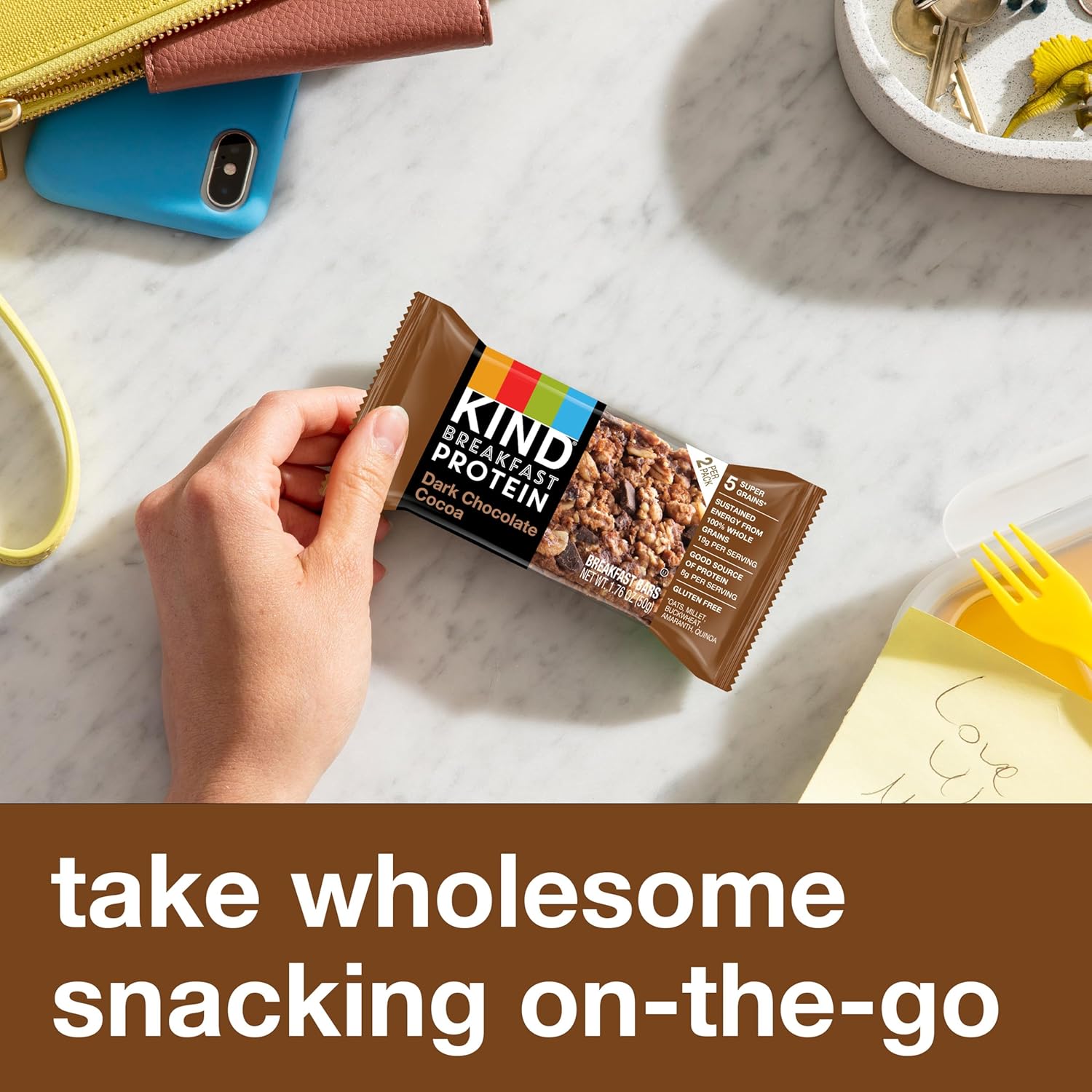 kind breakfast protein bars, dark chocolate cocoa, gluten free, healthy 8g protein snacks, 6 count boxes