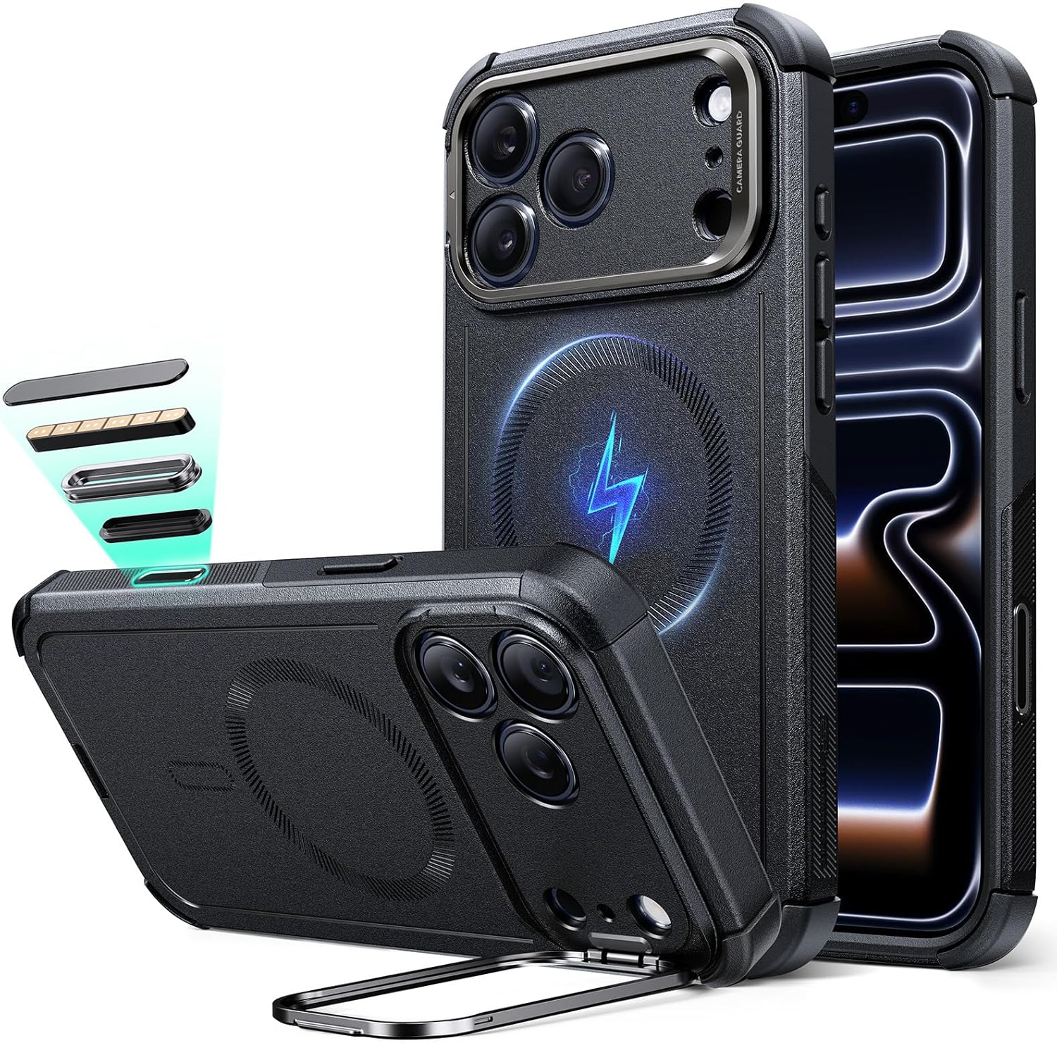 ESR for iPhone 17 Pro Max Case with Stash Stand, 7X Military-Grade Drop Protection with Camera Control, Shock-Absorbing Phone Rugged Cover, Compatible with MagSafe Accessories, Cyber Series, Black