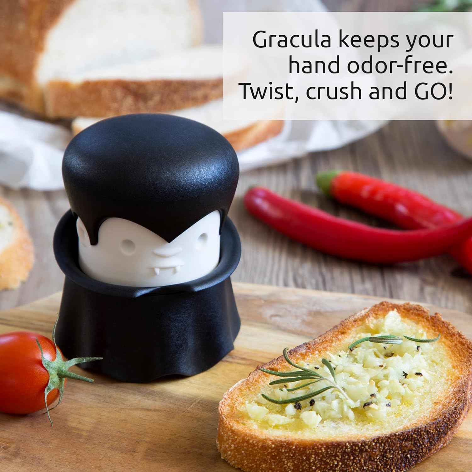 OTOTO Gracula Garlic Crusher, Garlic Mincer, Also for Ginger, Nuts, Chili, Herbs - Twist Top Mincer & Easy Squeeze Manual Press Peeler, Goth Gifts