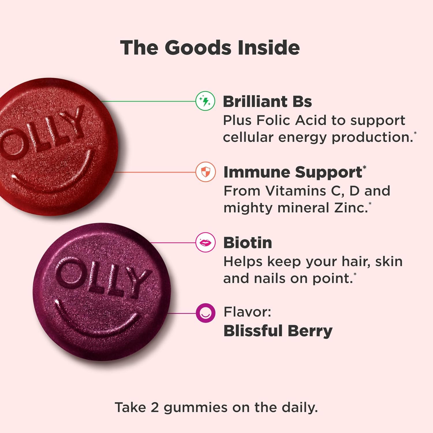 OLLY Women's Daily Multivitamin Gummy, Vitamins A, D, C, E, Biotin, Folic Acid, Adult Chewable Vitamin, Berry Flavor, 65 Day SupTLy - 130 Count