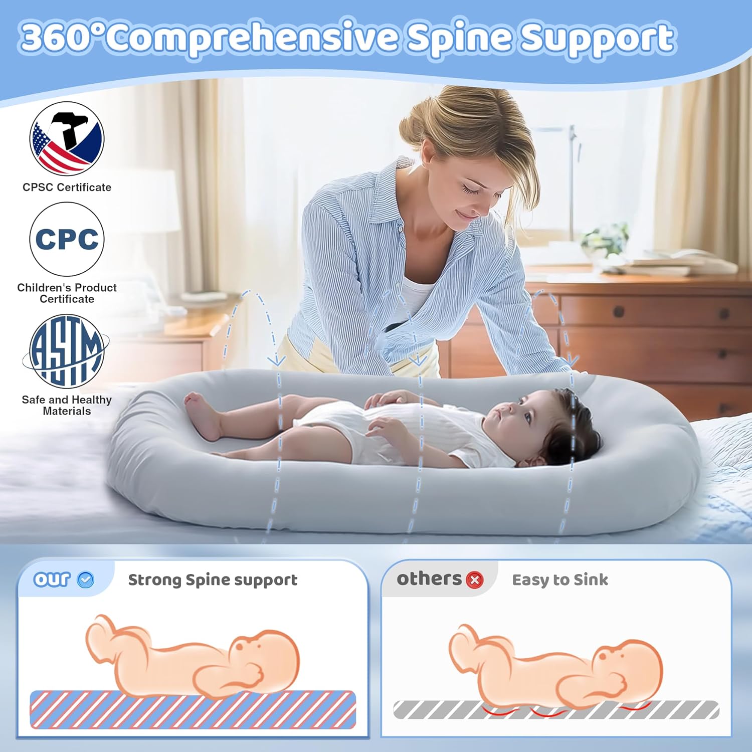 Infant Support Cushion - Baby Support Cushion for Newborn, 0-24 Months, Portable Tummy Time Mat for Home and Travel, Soft Cotton, Supervised Use, Baby Essentials Gift, Grayish Blue, (Cover Included)