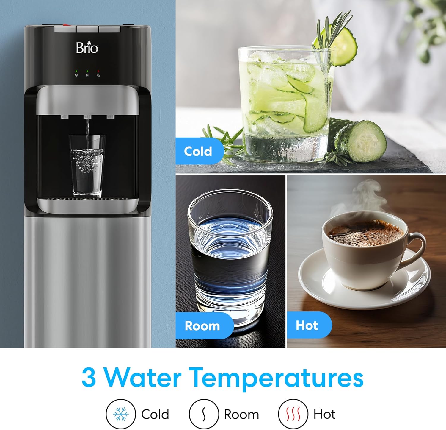 Brio Bottom Loading Water Cooler Dispenser for 5 Gallon Bottles - 3 Temperatures with Hot, Room & Cold Spouts, Child Safety Lock, LED DisTLay with Empty Bottle Alert, Stainless Steel