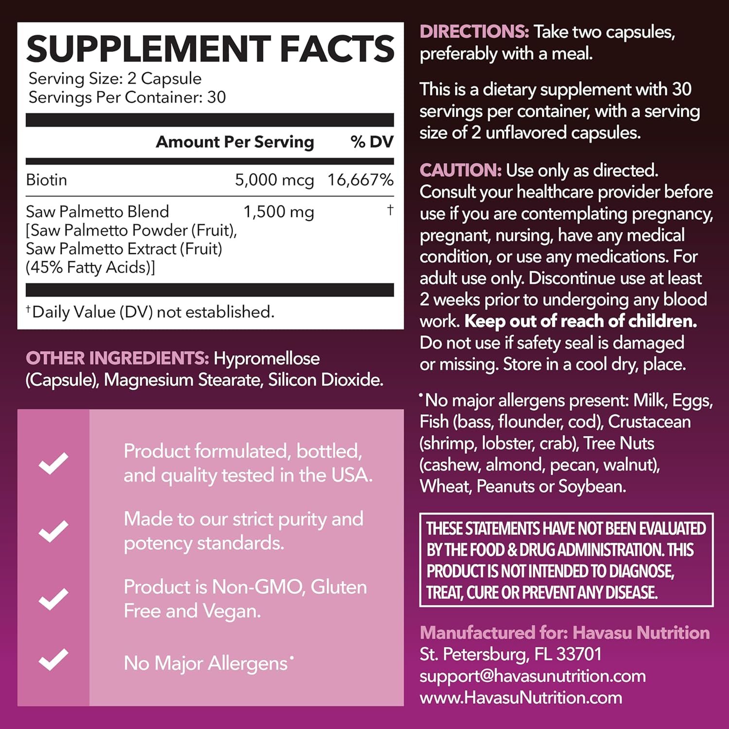 Saw Palmetto for Women with Biotin 5000mcg - Powerful DHT Blocker to Support Hair, Skin, and Nail Health - 60 Count - Vegan, Non-GMO Vitamin for Stronger, Fuller Looking Locks - 1 Month Supply