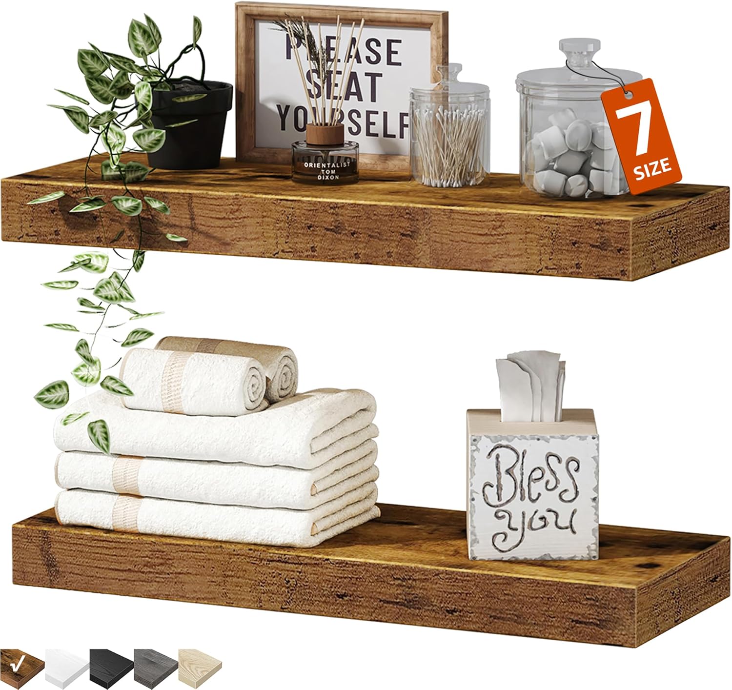 QEEIG Bathroom Floating Shelves for Wall - 15.7" Wall Mounted Shelf Over Toilet Farmhouse Home Decor DisTLay Bookshelf Small 15.7 x 6.7 inch Set of 2, Rustic Brown (008-40BN)
