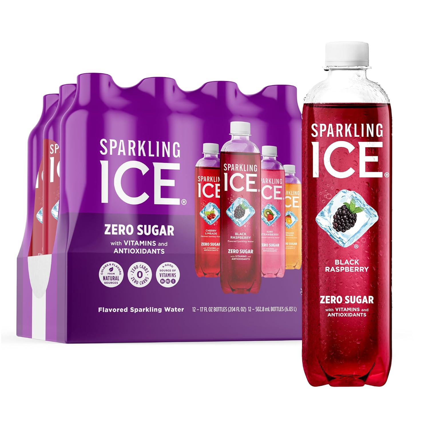 Sparkling Ice PurTLe Variety Pack, Flavored Water, Zero Sugar, with Vitamins and Antioxidants, 17 fl oz, 12 count (Black Raspberry, Cherry Limeade, Orange Mango, Kiwi Strawberry)