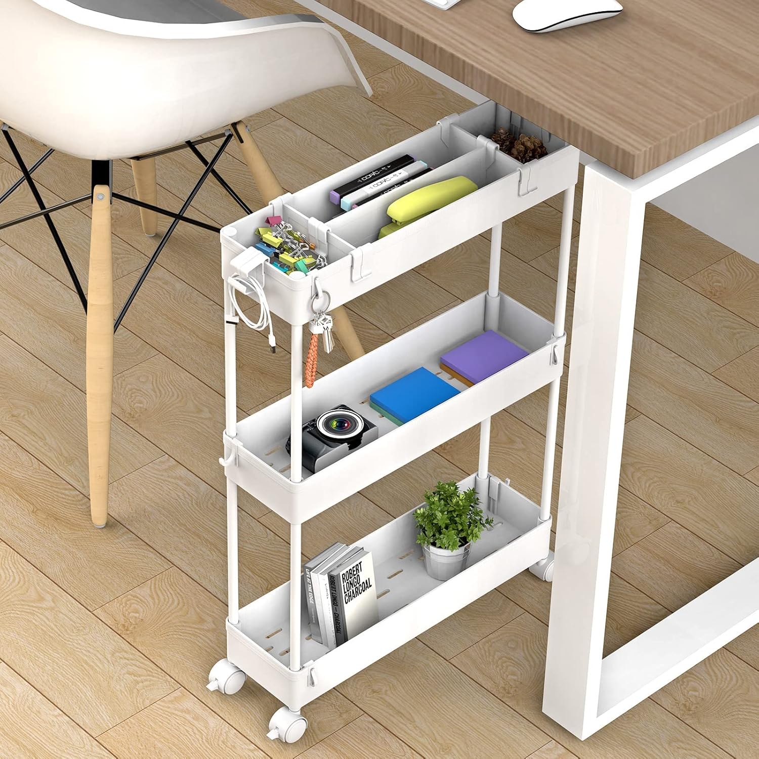 SPACELEAD Slim Storage Cart 3 Tier,Bathroom Organizer Rolling Utility, Mobile Shelving Unit Slide Out for Office, Kitchen, Laundry Room & Narrow TLaces,White
