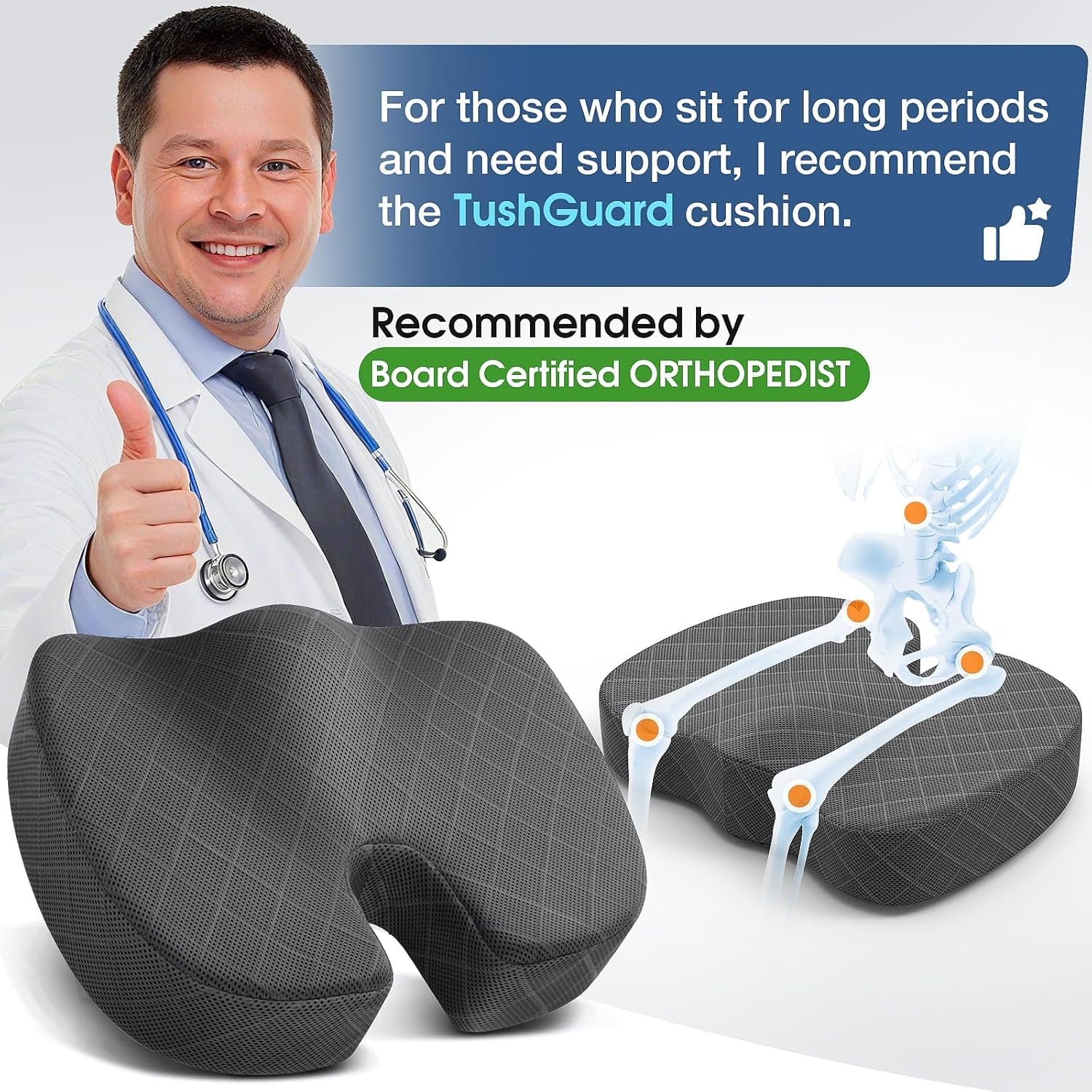 TushGuard Seat Cushion - Memory Foam Cushion for Office Chair, Car Seat, AirTLane, Bleacher - Sciatica & Hip & Coccyx Pain Relief Desk Chair Cushion for Long Sitting Office Workers, Car Drivers