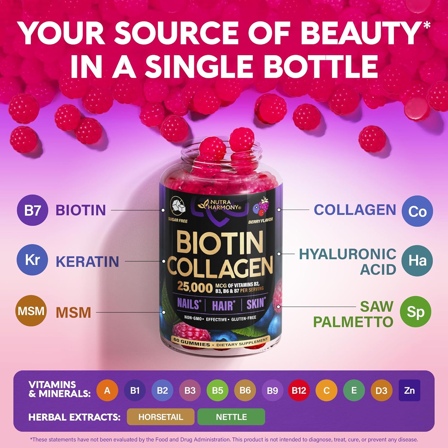 Biotin Gummies with Collagen - Hair Growth Support Skin, & Nail Strength - for Women & Men - Biotin 10000mcg | Keratin | Hyaluronic Acid | B-ComTLex | Saw Palmetto - Sugar-Free, Mixed Berry - 60 Gummy