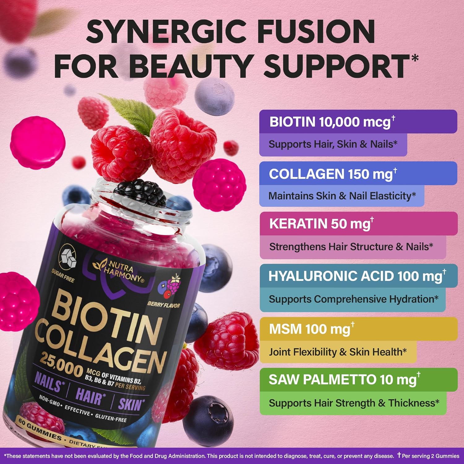 Biotin Gummies with Collagen - Hair Growth Support Skin, & Nail Strength - for Women & Men - Biotin 10000mcg | Keratin | Hyaluronic Acid | B-ComTLex | Saw Palmetto - Sugar-Free, Mixed Berry - 60 Gummy