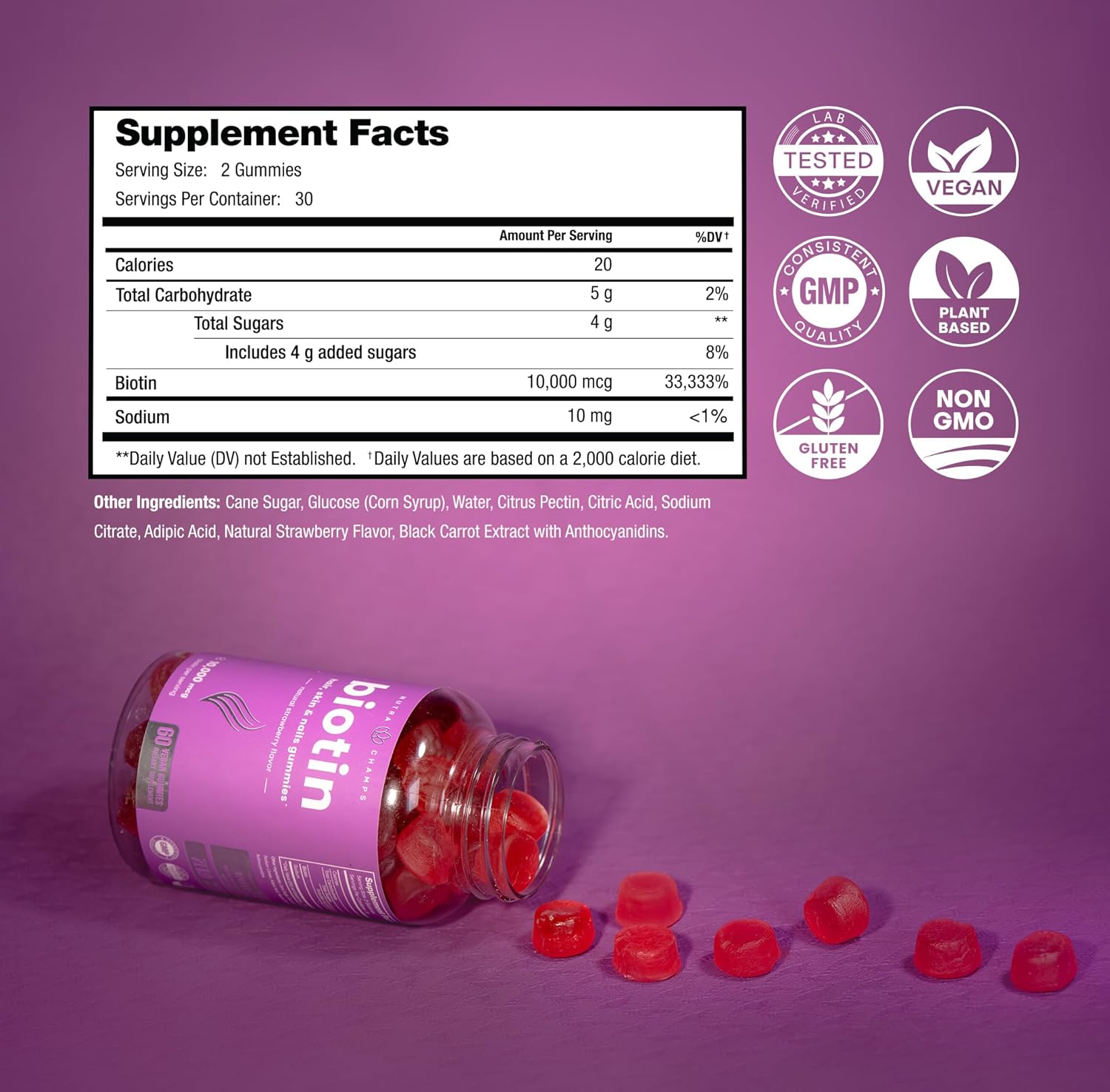 NutraChamps Biotin Gummies 10000mcg [High Potency] for Healthy Hair, Skin & Nails Vitamins for Women, Men & Kids - 5000mcg in Each Hair Vitamins Gummy - Vegan, Non-GMO, Hair Health Supplement