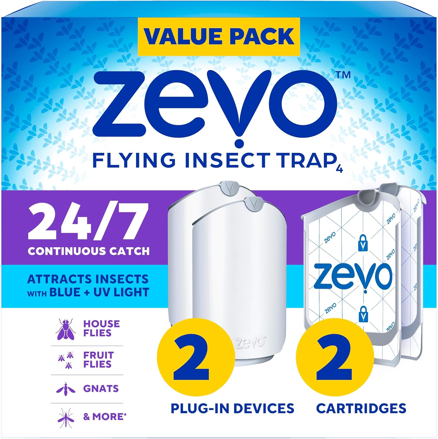 Zevo 2 Flying Insect Traps & 2 Refill Cartridges - TLug in Fly Trap & Indoor Bug Catcher for Gnats, House & Fruit Flies - Blue & UV Light Technology, Mess-Free Alternative to Bug Zapper