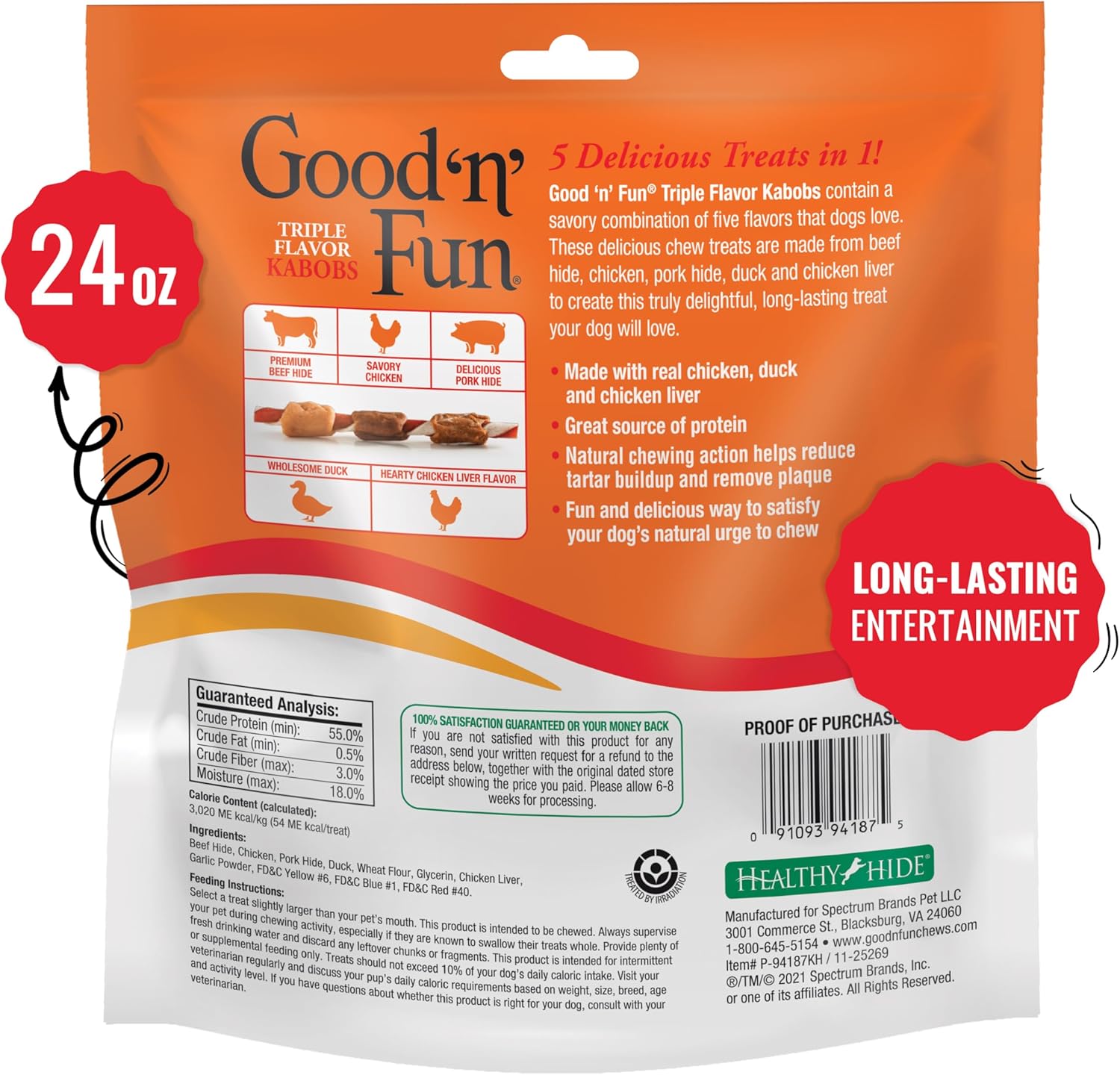 Good ‘n’ Fun TriTLe Flavor Kabobs Chews for All Dogs, 24 Ounces, Treat Your Dog, Made from Beef Hide, Real Chicken, Pork Hide, Duck and Chicken Liver