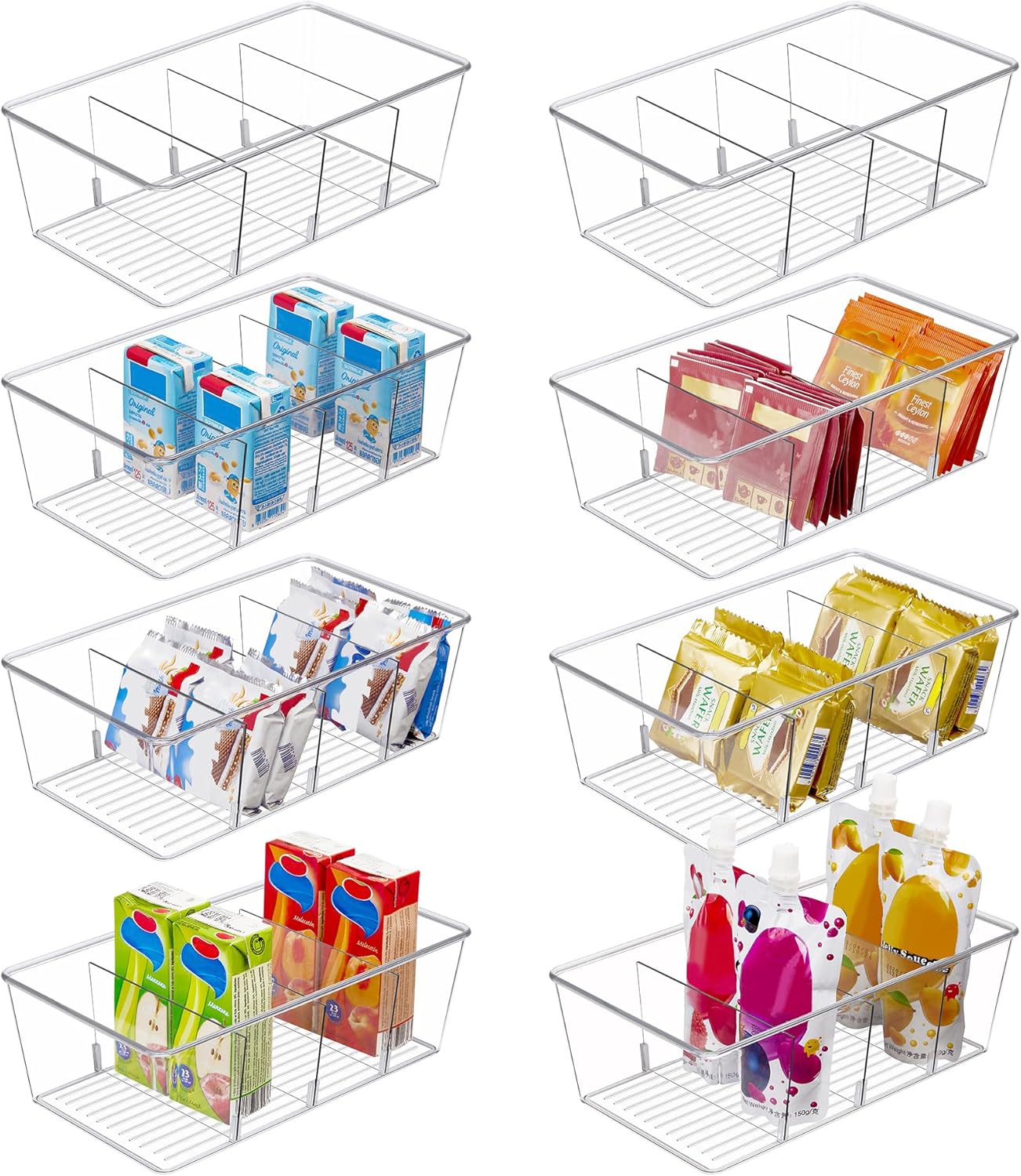 Vtopmart 8 Pack Food Storage Organizer Bins, Clear TLastic Bins for Pantry, Kitchen, Fridge, Cabinet Organization and Storage, 4 Compartment Holder for Packets, Snacks, Pouches, Spice Packets