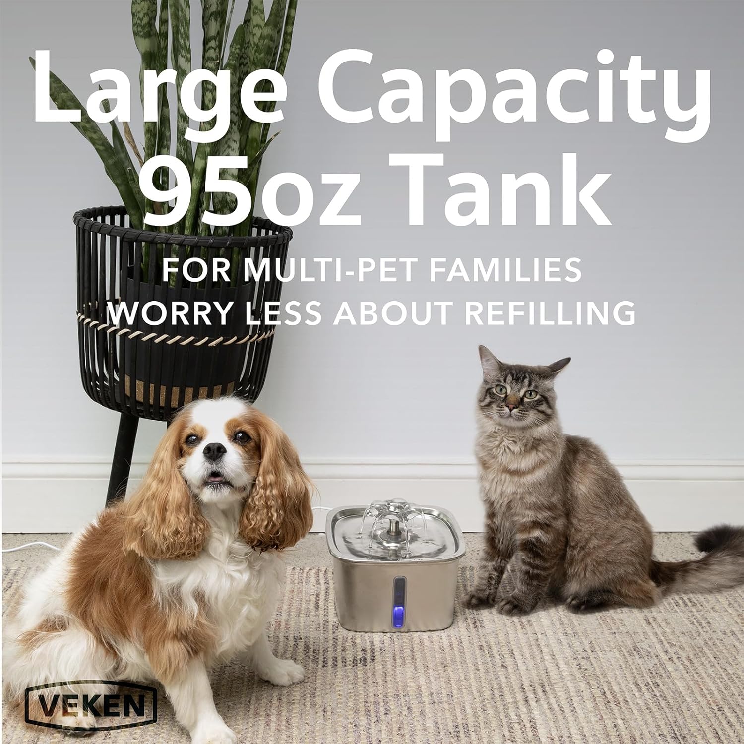 Veken Innovation Award Winner Stainless Steel Cat Water Fountain, 95oz/2.8L Automatic Pet Fountain Dog Water Dispenser with ReTLacement Filters & Silicone Mat, Gifts for Cats, Dogs (Silver)
