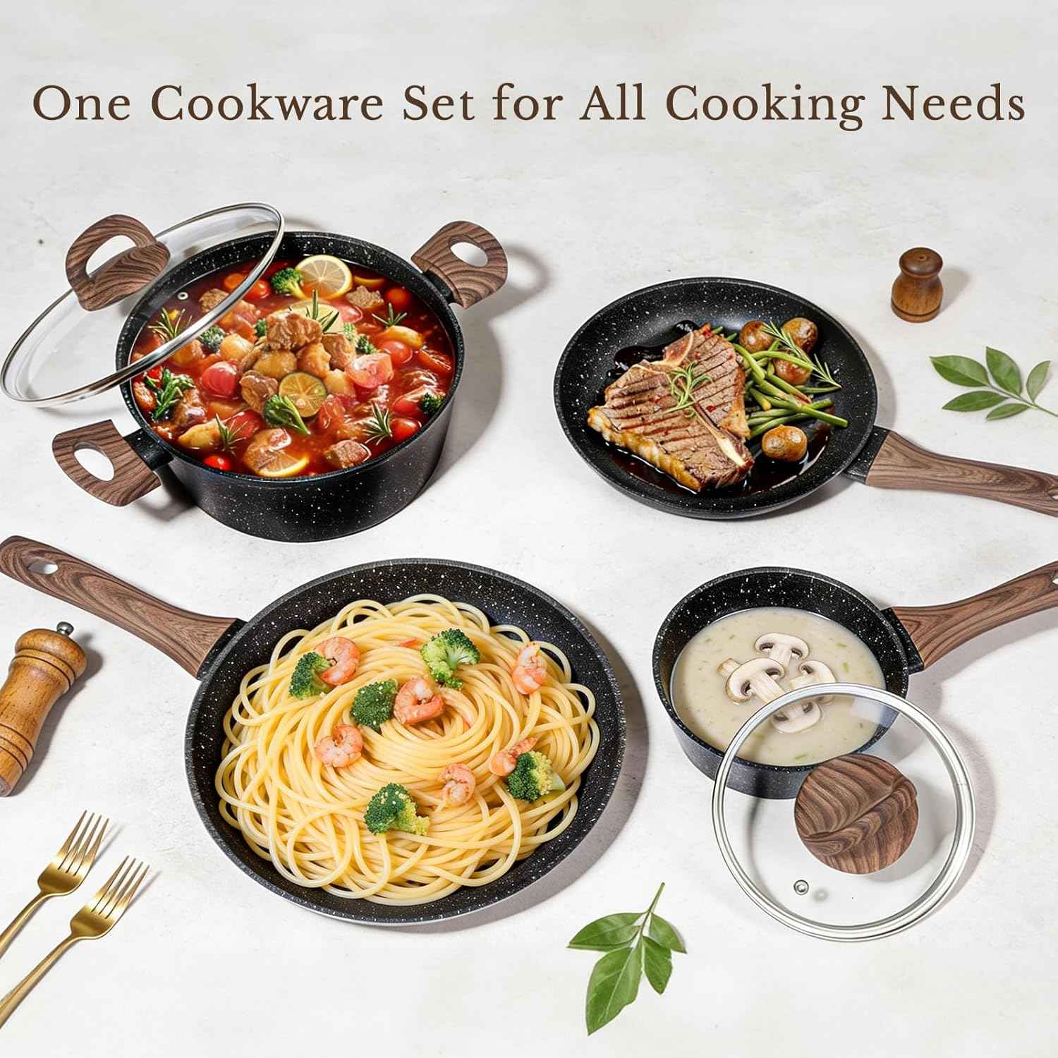 EWFEN 25 Pcs Pots and Pans Set, Nonstick Ceramic Cookware Sets, Healthy Non-Toxic, Large Capacity, Induction Compatible, Cooking Set with Frying Pans & Saucepans, PFAS/PTFE/PFOA Free, Classic Black