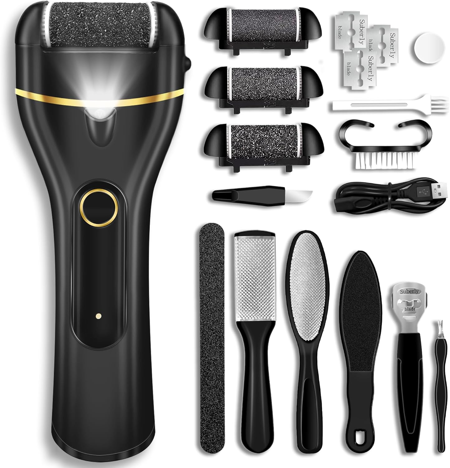 Callus Remover for Feet, Electric Foot Callus Remover Waterproof with 3 Rollers 2 Speed Battery DisTLay,17 in1 Rechargeable Foot File Pedicure Kits for Dead Hard Cracked Dry Skin