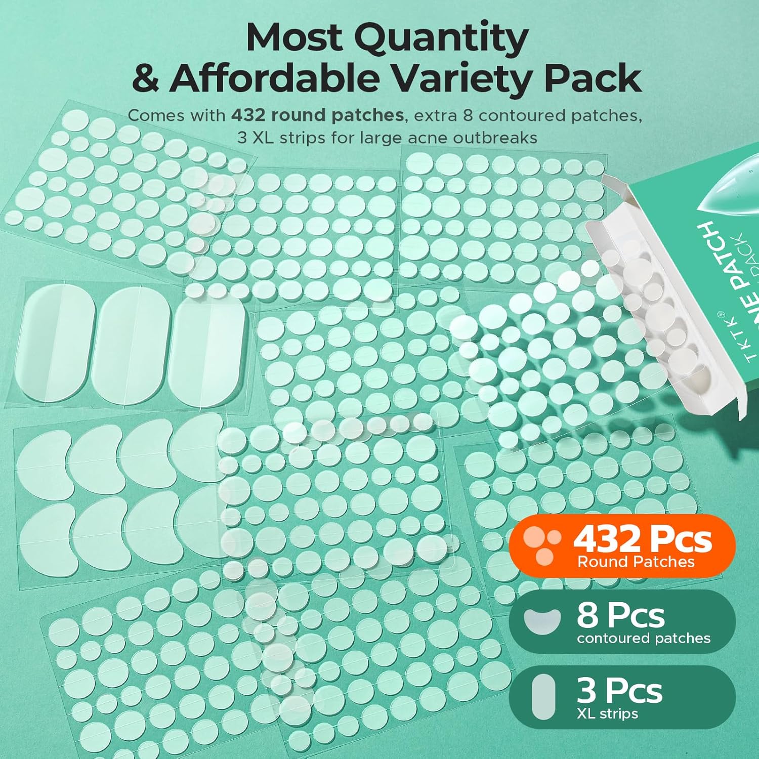 TKTK 443 Count PimTLe Patches for Face, Hydrocolloid Acne Patch Bulk, Acne Stickers for Covering Cheeks, Forehead, Chin Blemishes Zit Breakouts for All Skin Types (Dots, Strip, Contoured 5 Sizes)