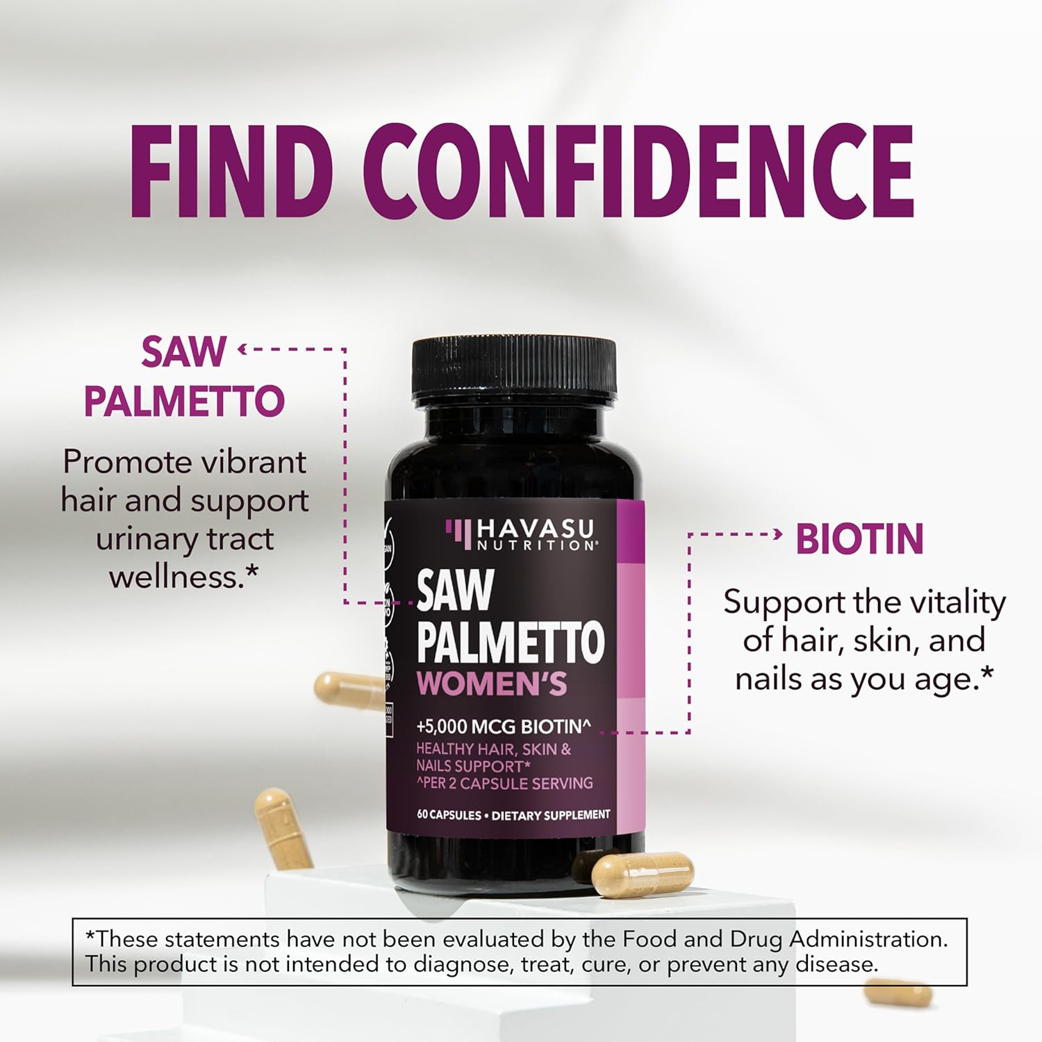 Saw Palmetto for Women with Biotin 5000mcg - Powerful DHT Blocker to Support Hair, Skin, and Nail Health - 60 Count - Vegan, Non-GMO Vitamin for Stronger, Fuller Looking Locks - 1 Month SupTLy