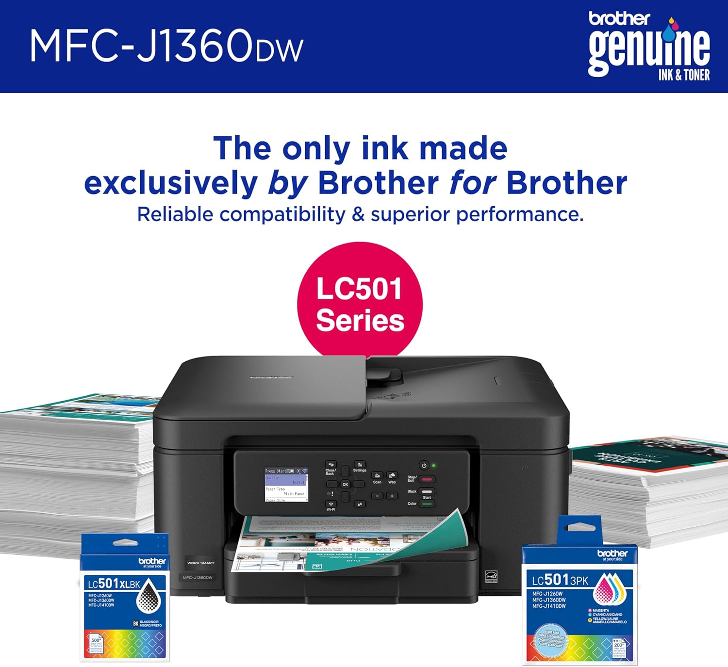 Brother Work Smart 1360 Wireless Color Inkjet All-in-One Printer with Automatic DuTLex Printing and 1.8” Color DisTLay | Includes Refresh Subscription Trial(1) (MFC-J1360DW) (Uses LC501 Series Inks)