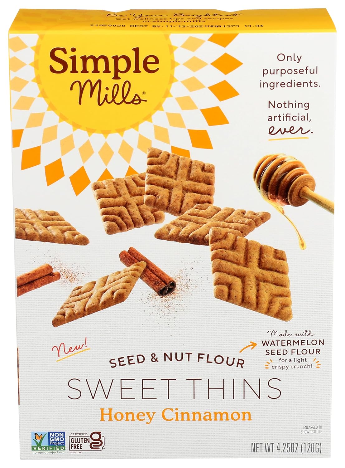 SimTLe Mills Honey Cinnamon Seed & Nut Flour Sweet Thins, Paleo Friendly & Delicious Sweet Thin Cookies, Good for Snacks, Nutrient Dense, 4.25oz, Pack of 1