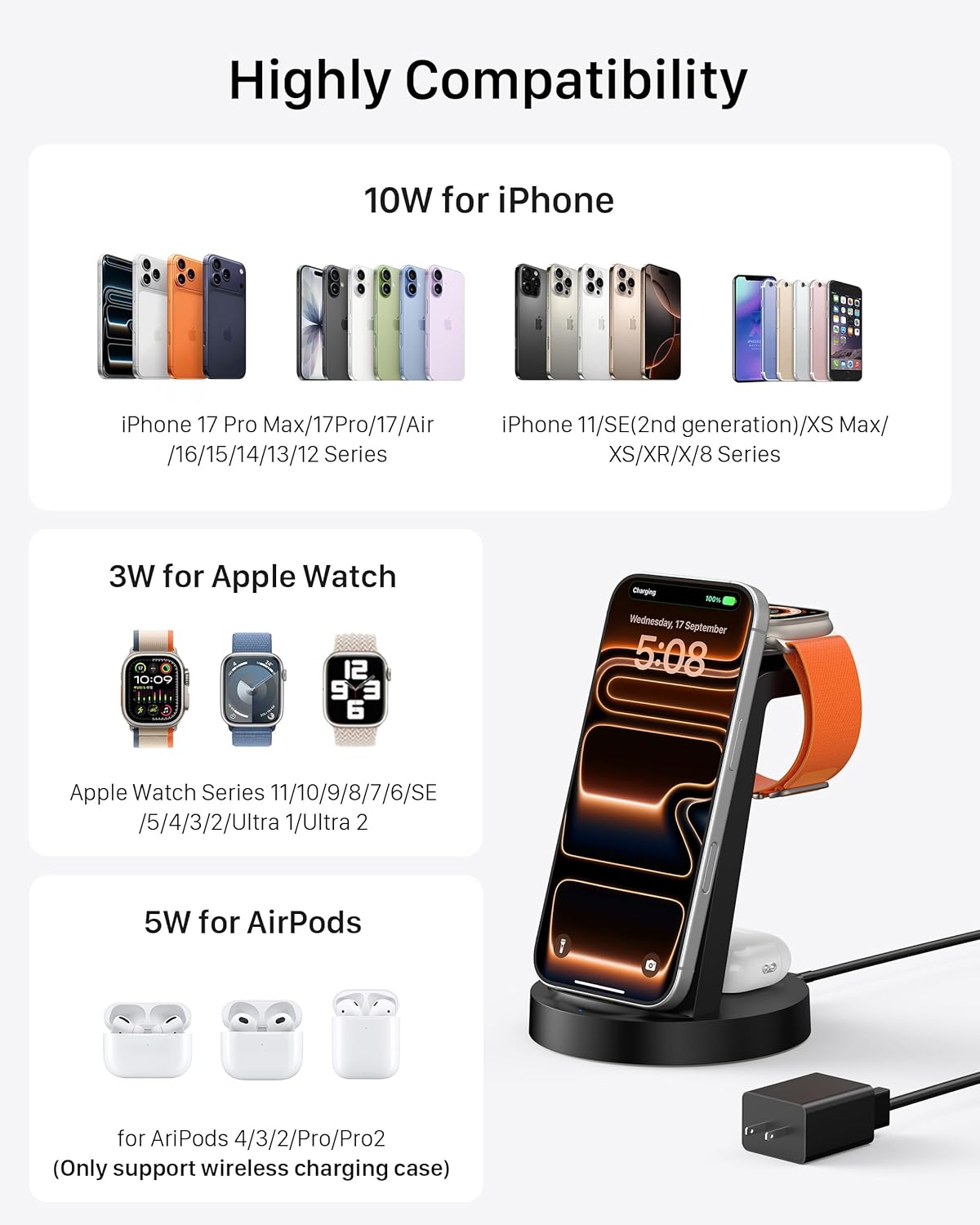 Anlmz 3 in 1 Charging Station for iPhone, Wireless Charger for iPhone 17 16e 16 15 14 13 12 11 X Pro Max & ApTLe Watch - Wireless Charging Station for AirPods 4 3 Pro