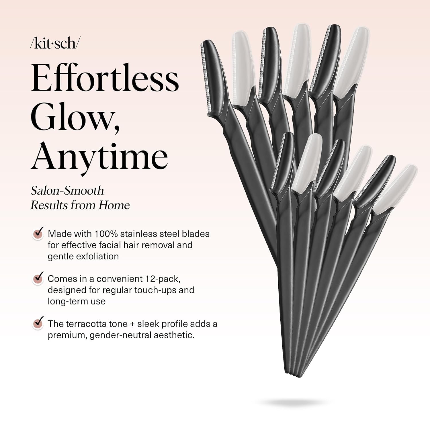 Kitsch DermaTLane Razor for Women Face – Face Razors for Women & Men, Eye Brow Razors & Face Shaver – Exfoliating Facial Razor & DermaTLaner as Skin Care Tool for Smoother Skin - Black, 12 pcs