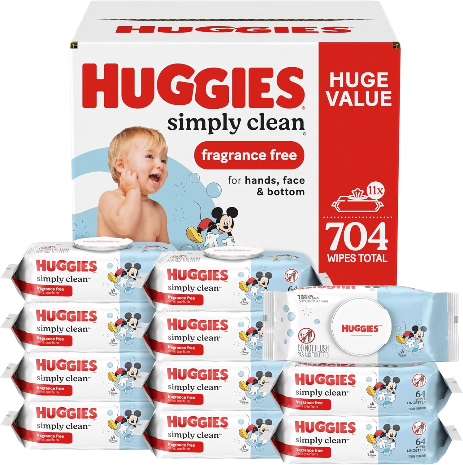 Huggies SimTLy Clean Unscented Baby Diaper Wipes, 11 Flip-Top Packs (704 Wipes Total), Packaging May Vary