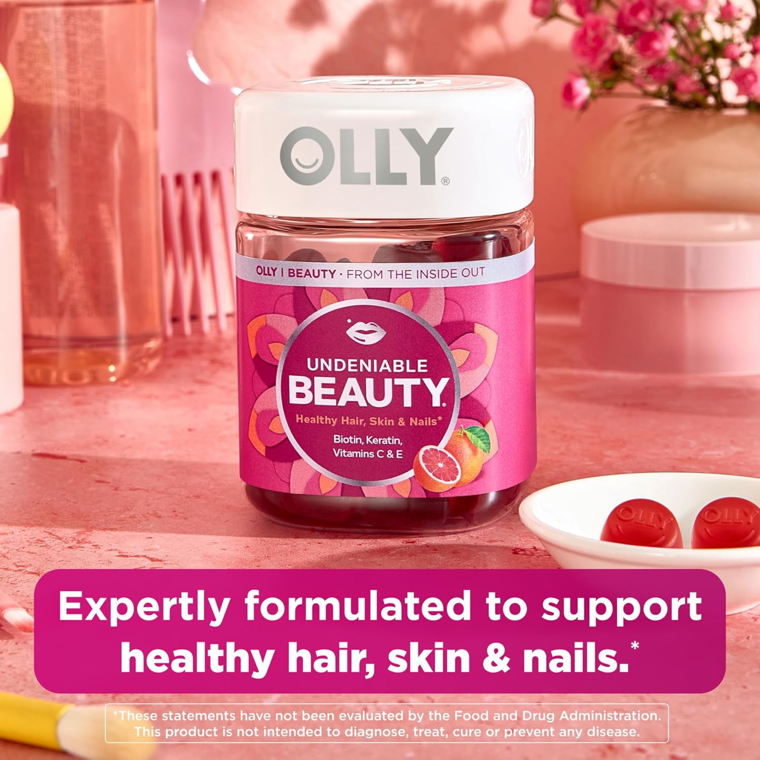 OLLY Undeniable Beauty Gummy, For Hair, Skin, Nails, Biotin, Vitamin C, Keratin, Chewable Supplement, Grapefruit, 30 Day Supply - 60 Count