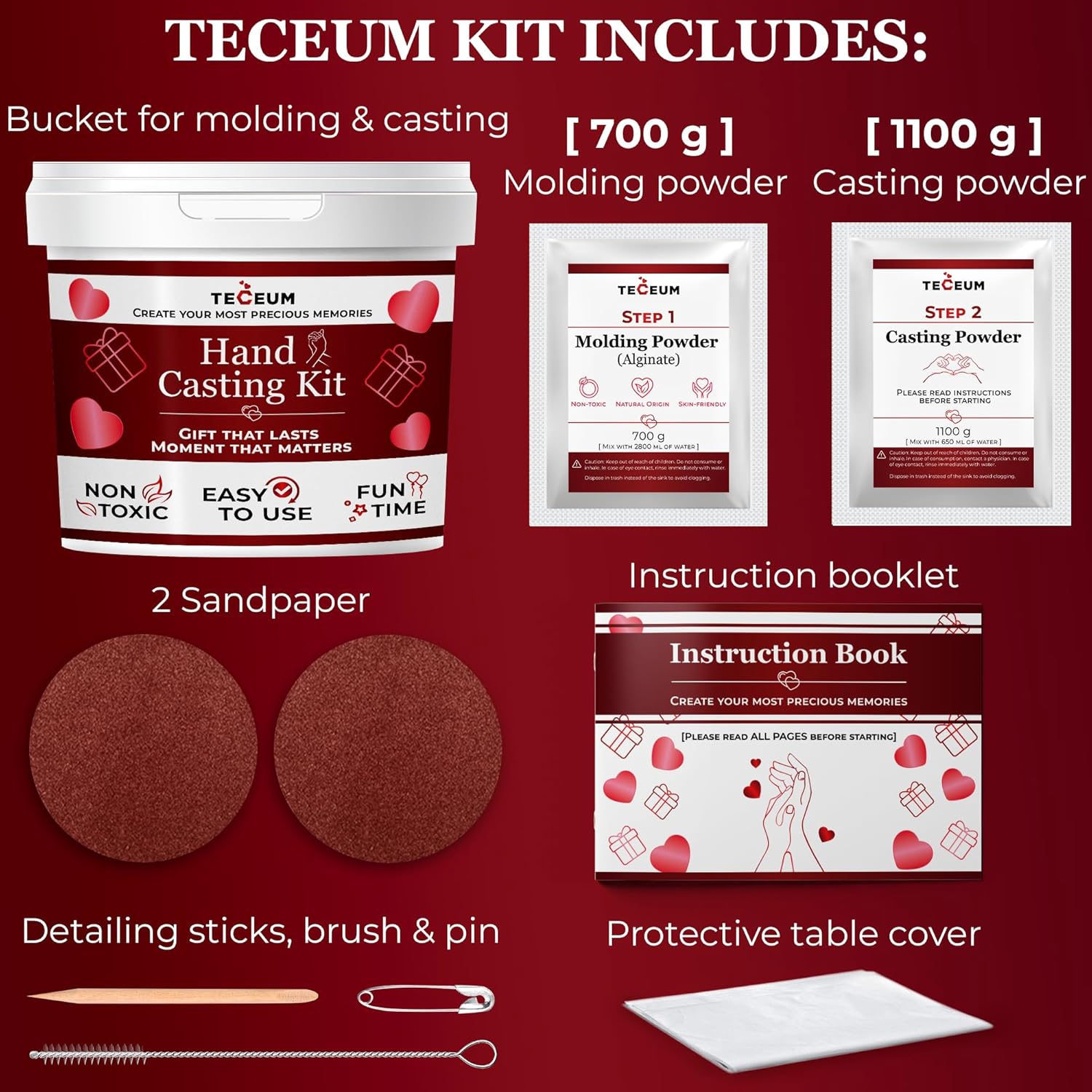 TECEUM Hand Casting Kit – Unique Gift for Babies & Adults – Ideal DIY Gift for Your Loved Ones, CouTLes, Family – For Wedding, Anniversary, Baby Shower, Mother’s Day, Christmas – Romantic Gifts – Kit1