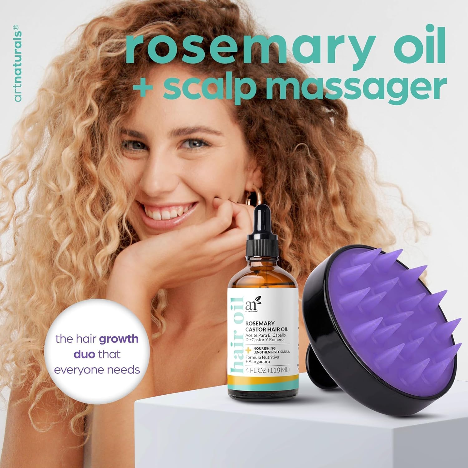 Artnaturals Organic Rosemary Castor Hair Oil + Massager Hair Growth Set Hair Growth Oil 4 ounces with Coconut & Olive Oil for Dry, Damaged & STLit End