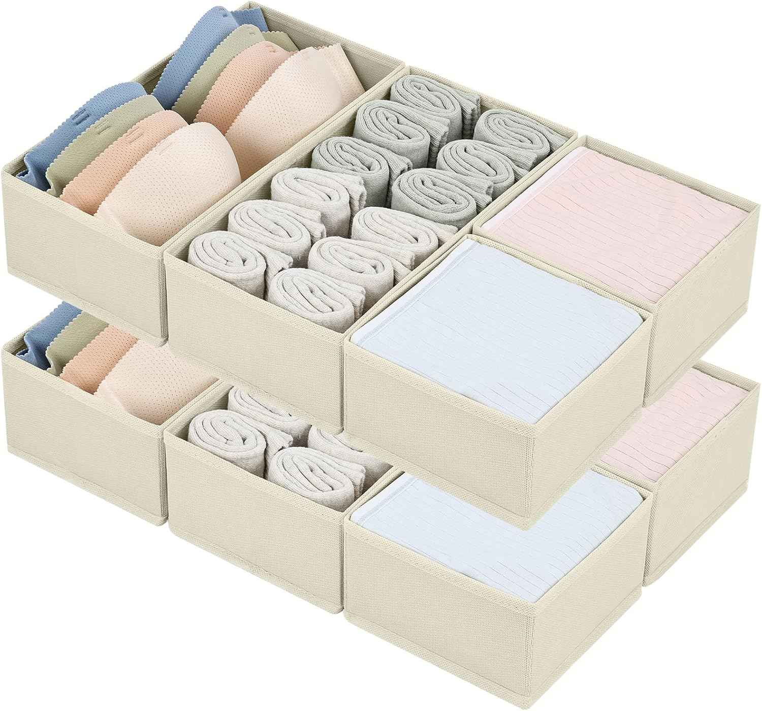 DIMJ Drawer Organizers Clothes, Set of 4 Dresser Organizer Bins, Fabric Closet Organizers and Storage, Shallow Drawer Dividers for Nursery, Clothing, Baby Clothes, Socks, Underwears, Tie (Beige)