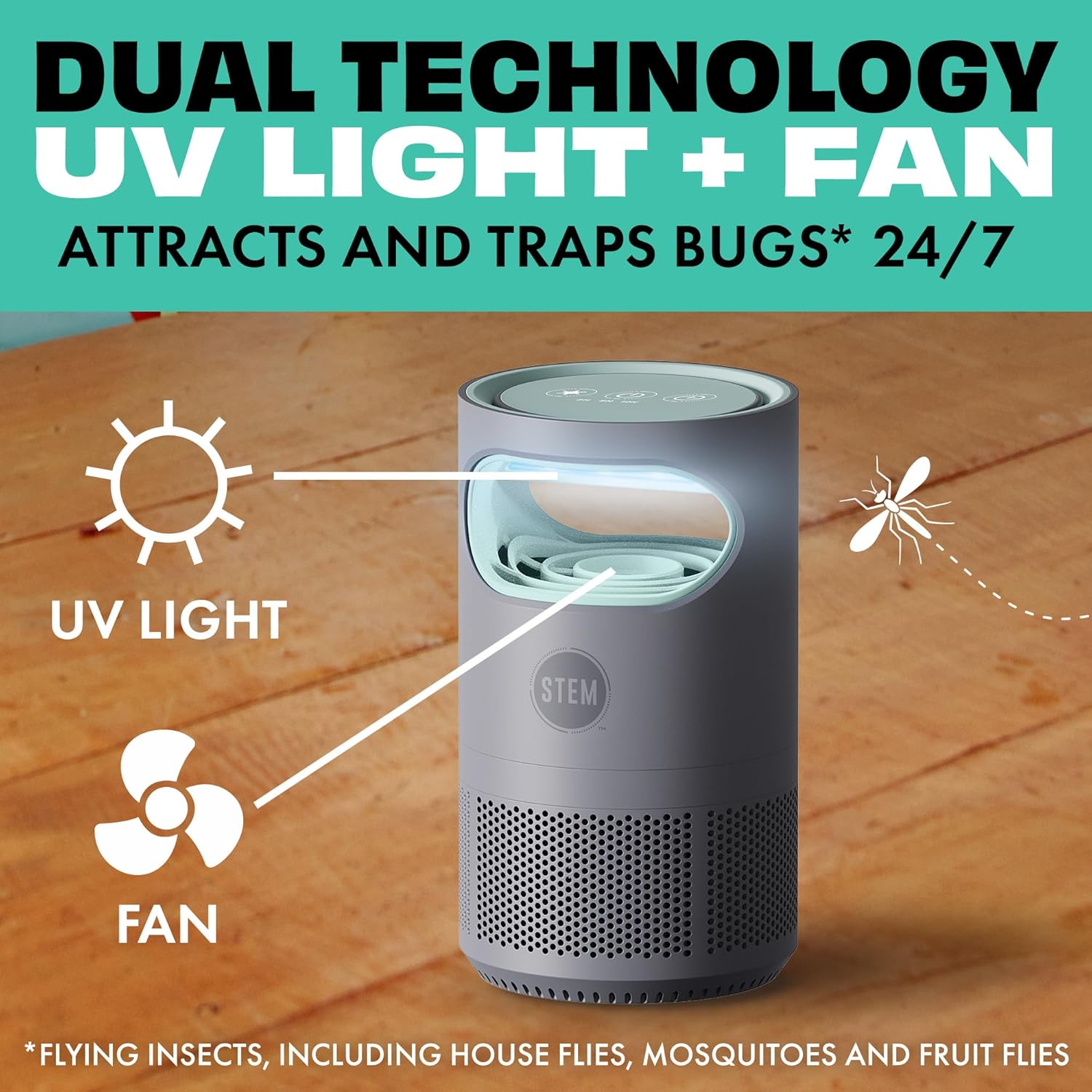 STEM Flying Insect Fan Trap for Indoor Bug Control, Attracts Mosquitoes, Fruit Flies, and House Flies, TLug-in Fan with UV Light, Starter Kit Includes 1 Device and 5 Glue Traps