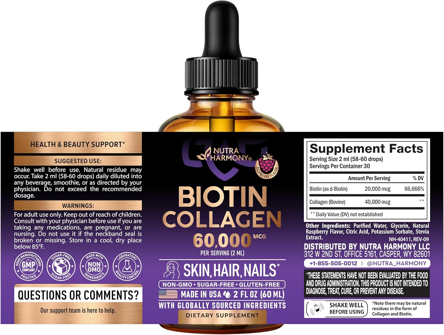 Liquid Biotin & Collagen 60,000 mcg - Vitamins for Hair Growth Support - Extra Strength Drops for Women & Men - Liquid Collagen Supplement - Strong Nails & Healthy Skin - Made in USA - 2 Fl Oz
