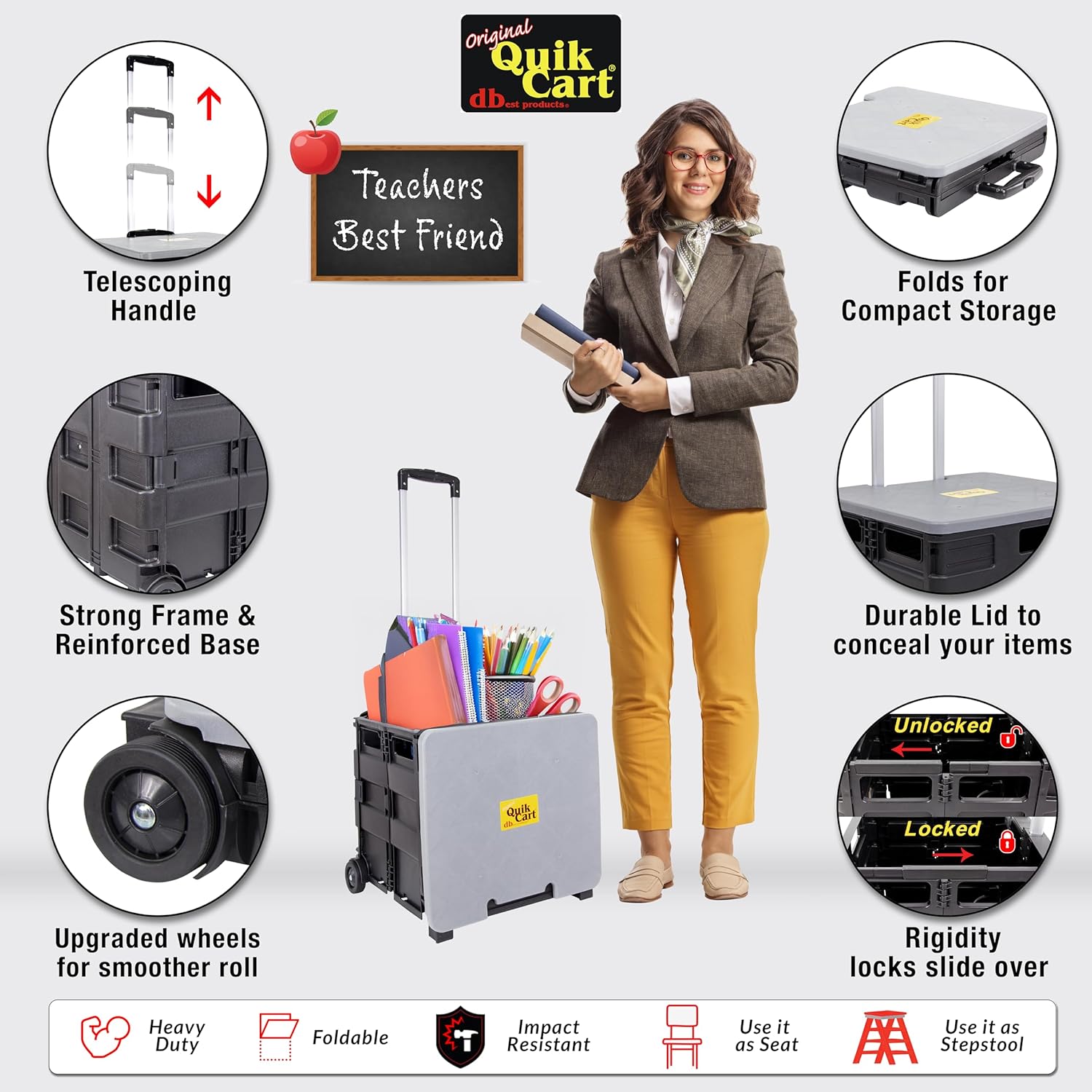 dbest products Quik Cart Collapsible Rolling Crate on Wheels for Teachers Tote Basket 80 lbs Capacity, Made from Heavy Duty TLastic and Used as a Seat, Grey